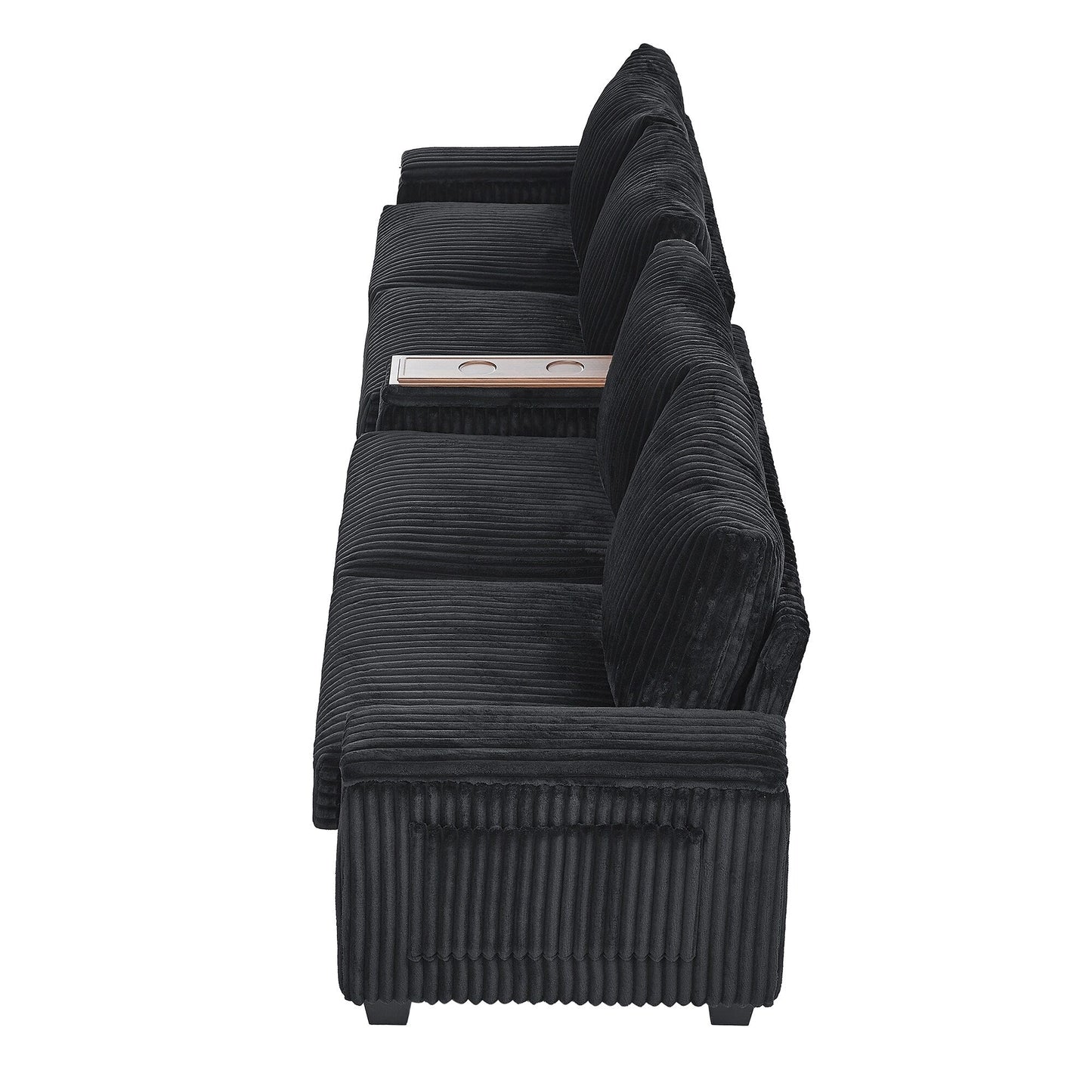 Canapé-lit 4 places moderne en velours côtelé Roomfitters avec ports USB, accoudoirs de rangement dissimulés et porte-gobelets rabattables pour le salon