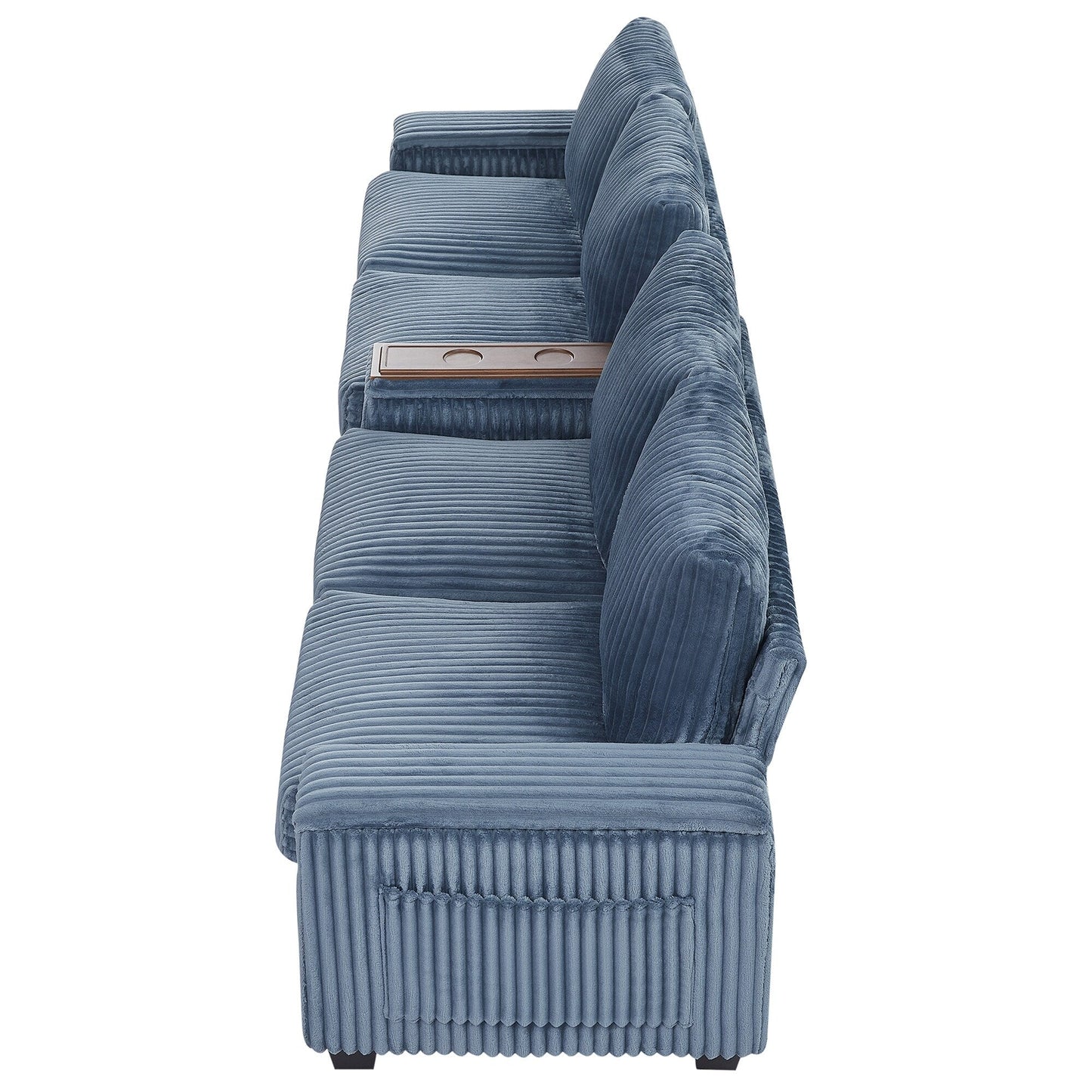 Canapé-lit 4 places moderne en velours côtelé Roomfitters avec ports USB, accoudoirs de rangement dissimulés et porte-gobelets rabattables pour le salon