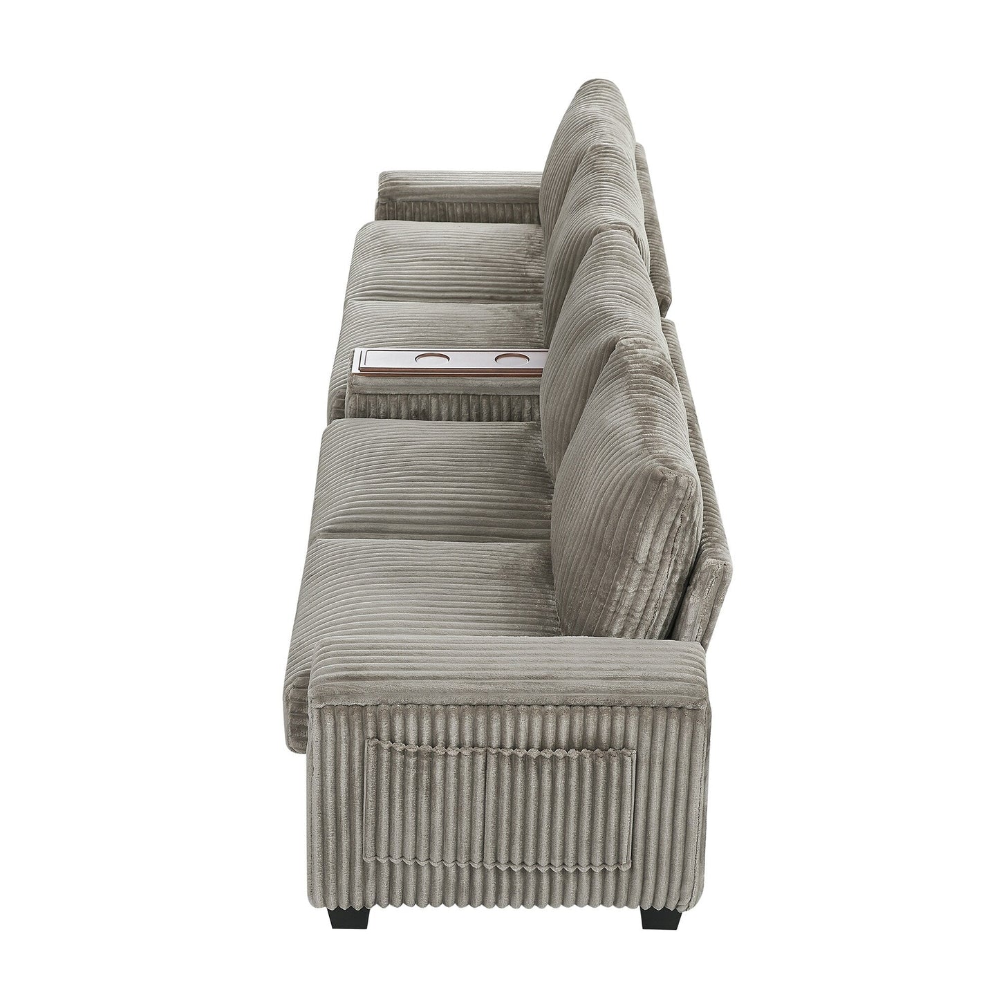 Canapé-lit 4 places moderne en velours côtelé Roomfitters avec ports USB, accoudoirs de rangement dissimulés et porte-gobelets rabattables pour le salon