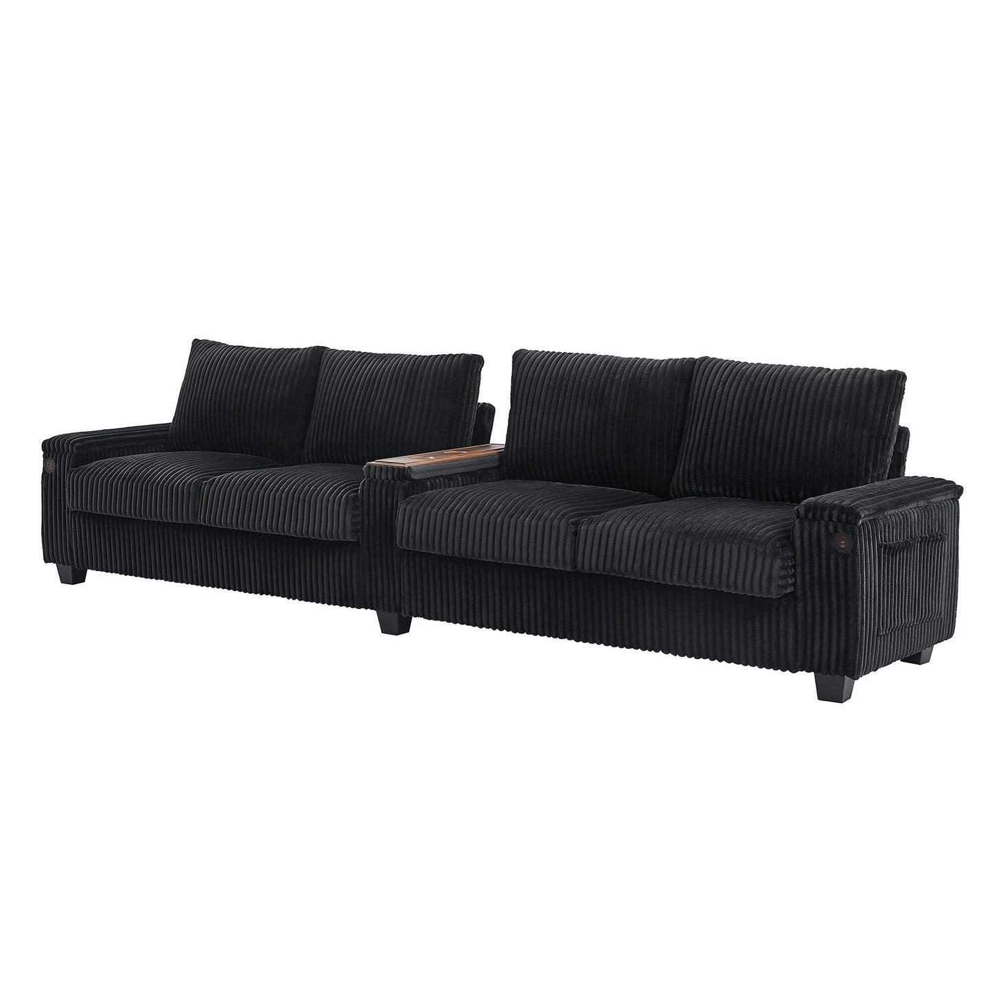 Canapé-lit 4 places moderne en velours côtelé Roomfitters avec ports USB, accoudoirs de rangement dissimulés et porte-gobelets rabattables pour le salon