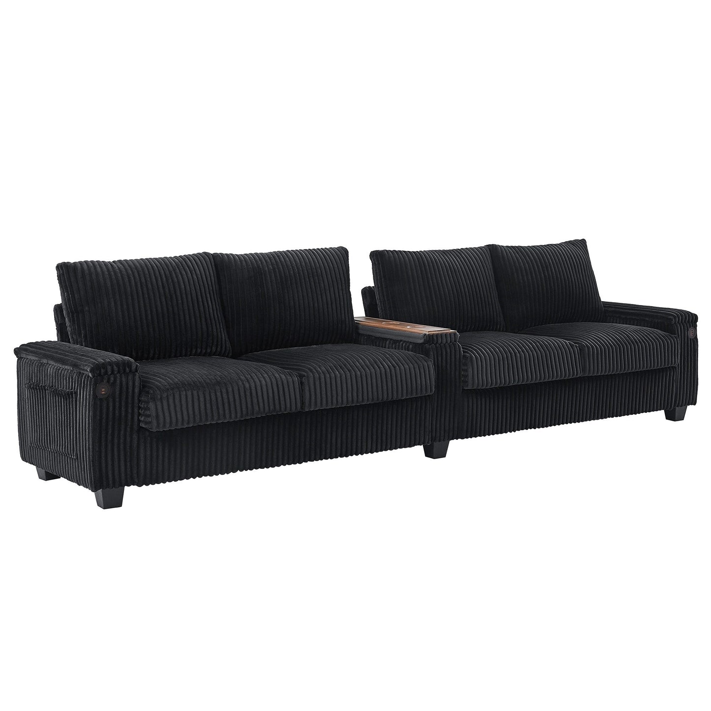 Canapé-lit 4 places moderne en velours côtelé Roomfitters avec ports USB, accoudoirs de rangement dissimulés et porte-gobelets rabattables pour le salon