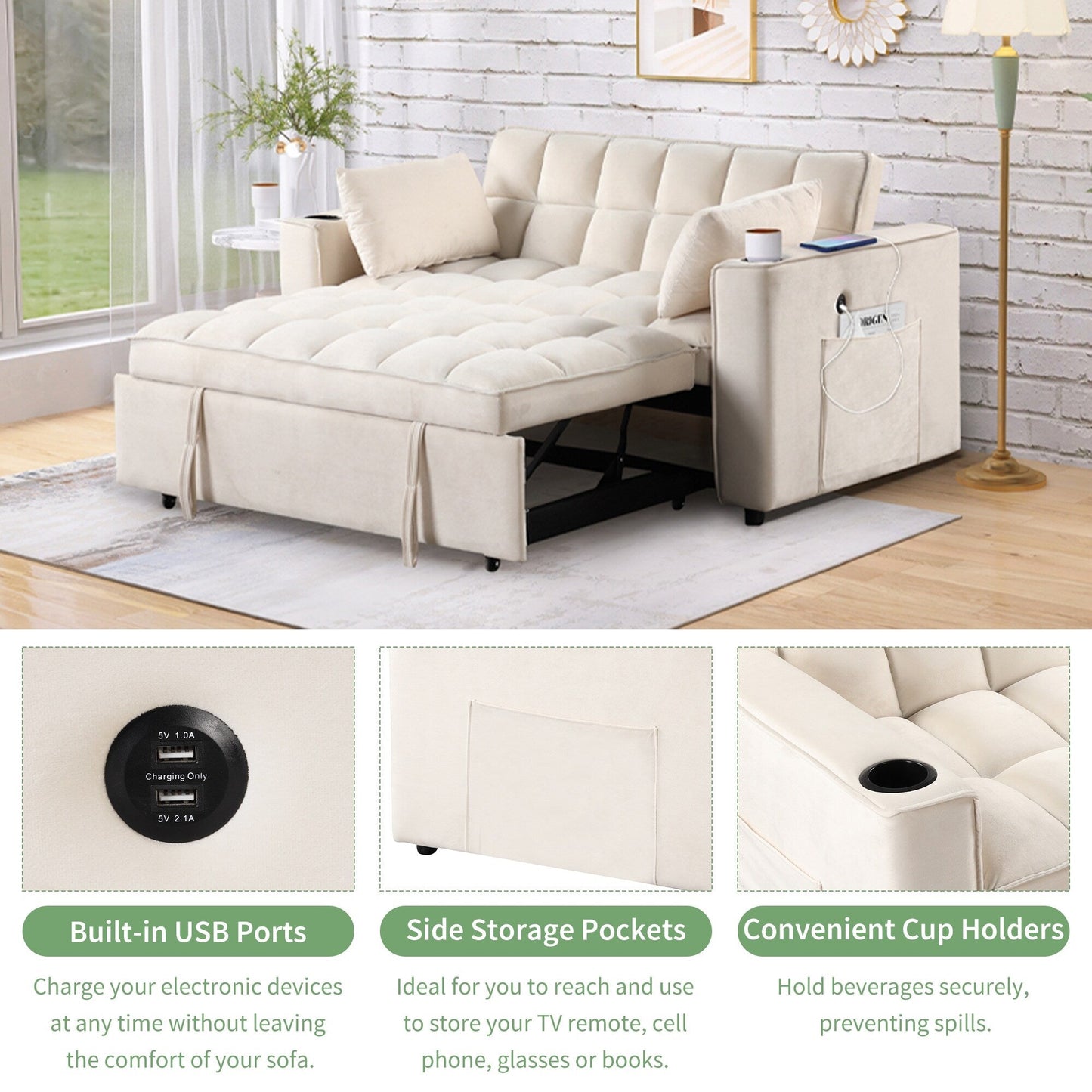 Canapé-lit multifonction Roomfitters 58 4-1 avec porte-gobelet et port USB pour salon ou appartement