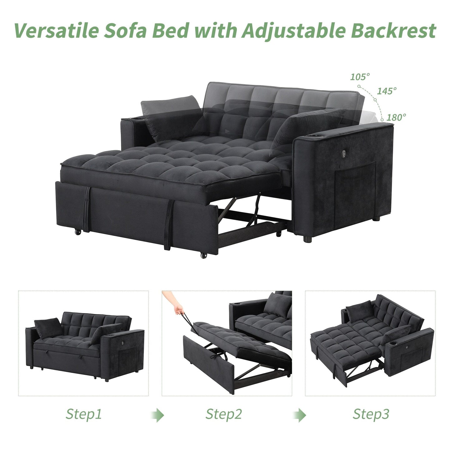 Canapé-lit multifonction Roomfitters 58 4-1 avec porte-gobelet et port USB pour salon ou appartement