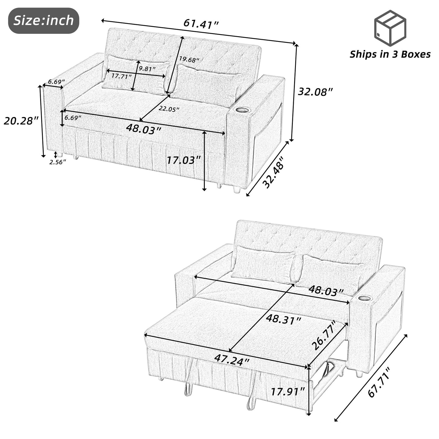Canapé-lit convertible Roomfitters 61.4 avec dossier réglable pour salon