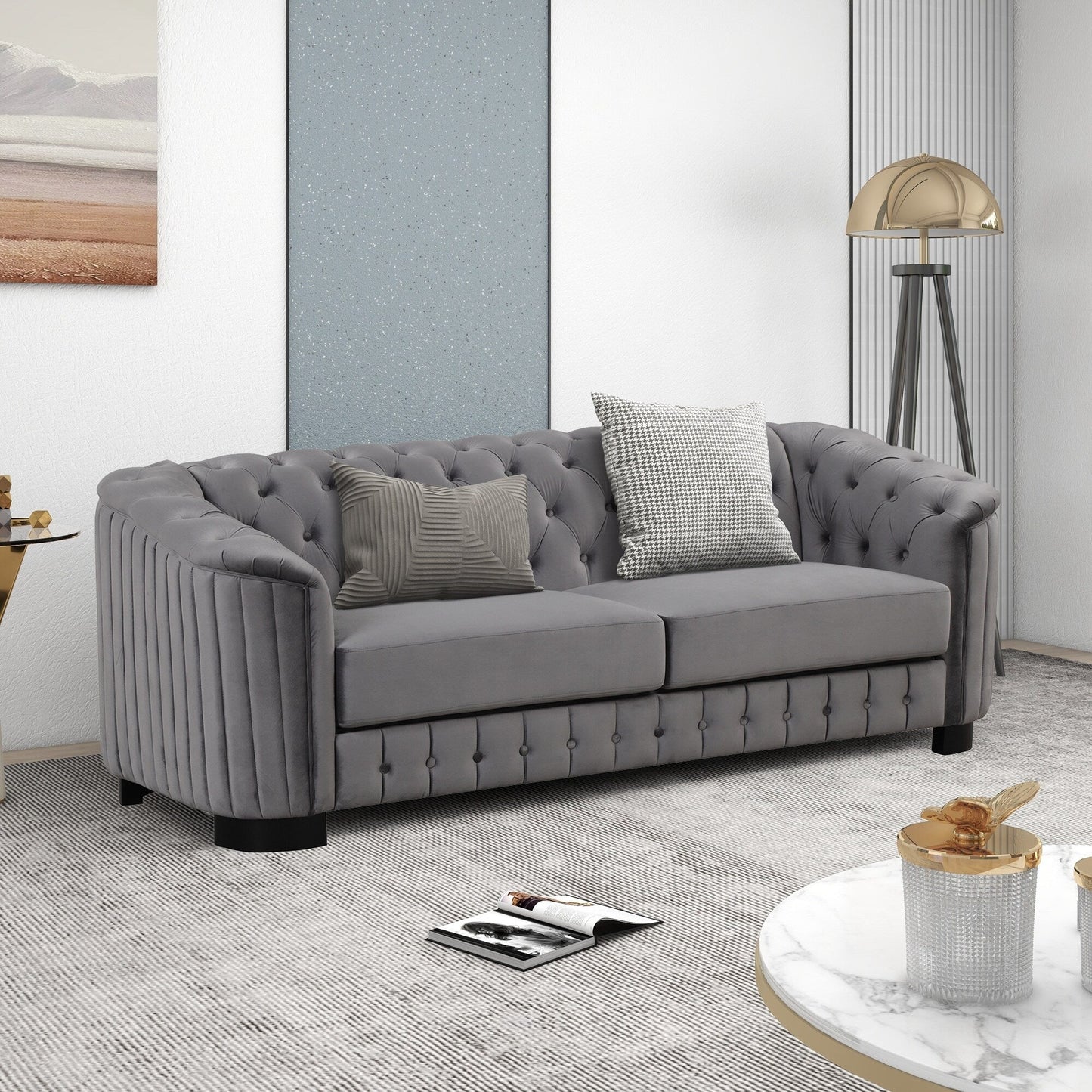 Canapé 3 places en velours moderne du milieu du siècle avec pieds en bois d'hévéa et coussin d'assise épais et amovible, Roomfitters 82.4