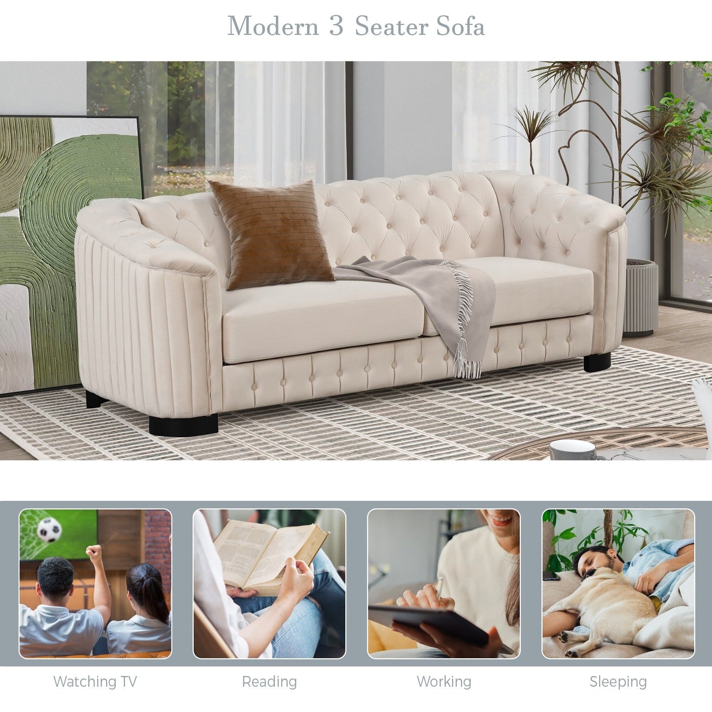 Canapé 3 places en velours moderne du milieu du siècle avec pieds en bois d'hévéa et coussin d'assise épais et amovible, Roomfitters 82.4