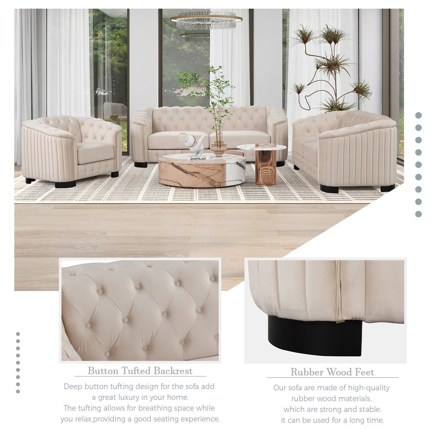 Canapé 3 places en velours moderne du milieu du siècle avec pieds en bois d'hévéa et coussin d'assise épais et amovible, Roomfitters 82.4