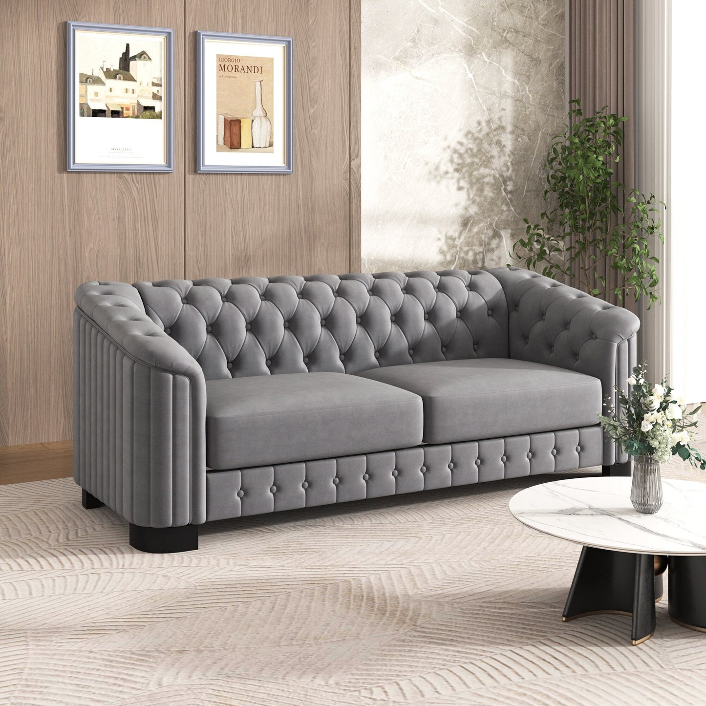 Canapé 3 places en velours moderne du milieu du siècle avec pieds en bois d'hévéa et coussin d'assise épais et amovible, Roomfitters 82.4