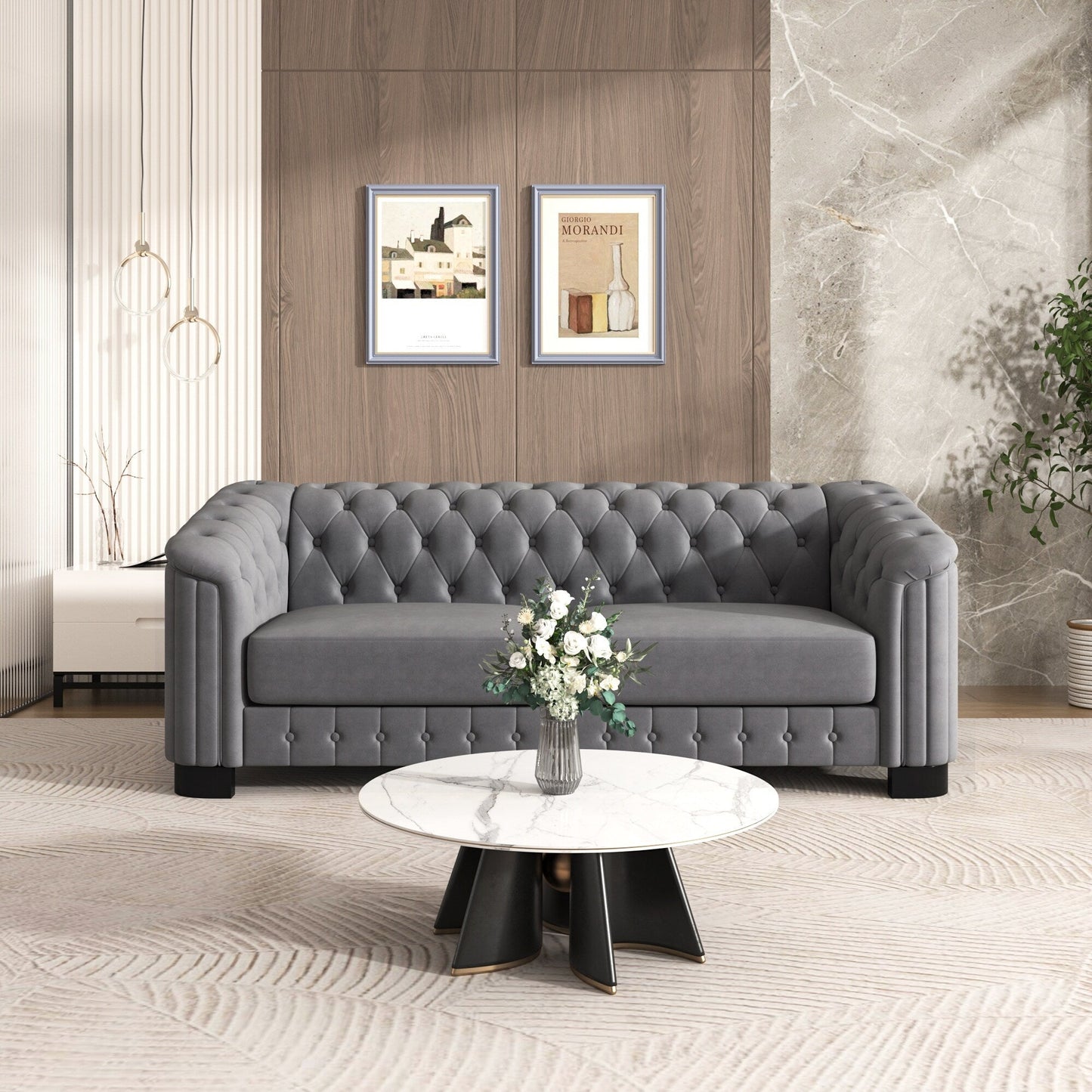 Canapé 3 places en velours moderne du milieu du siècle avec pieds en bois d'hévéa et coussin d'assise épais et amovible, Roomfitters 82.4