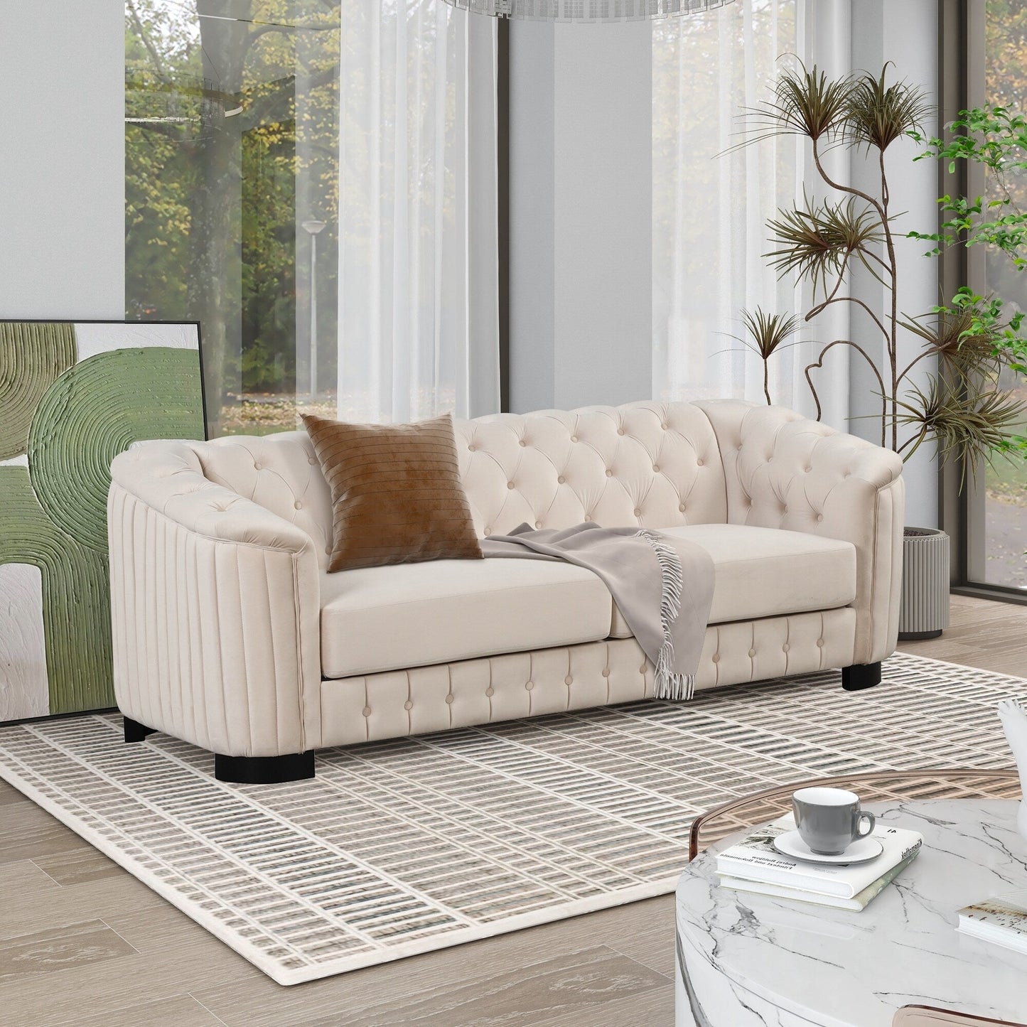 Canapé 3 places en velours moderne du milieu du siècle avec pieds en bois d'hévéa et coussin d'assise épais et amovible, Roomfitters 82.4