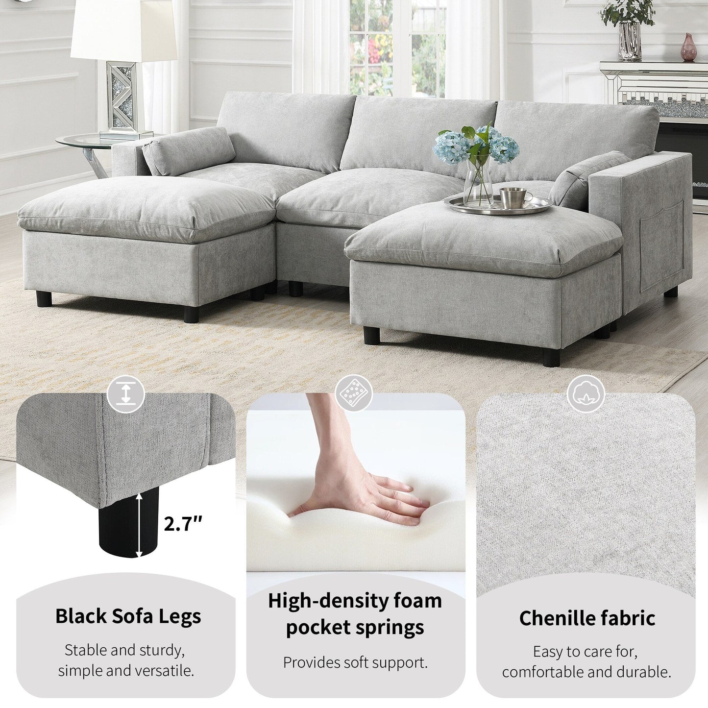 Canapé modulable en U 5 places en chenille Roomfitters 86,5, avec poches de rangement, coussins et 2 poufs