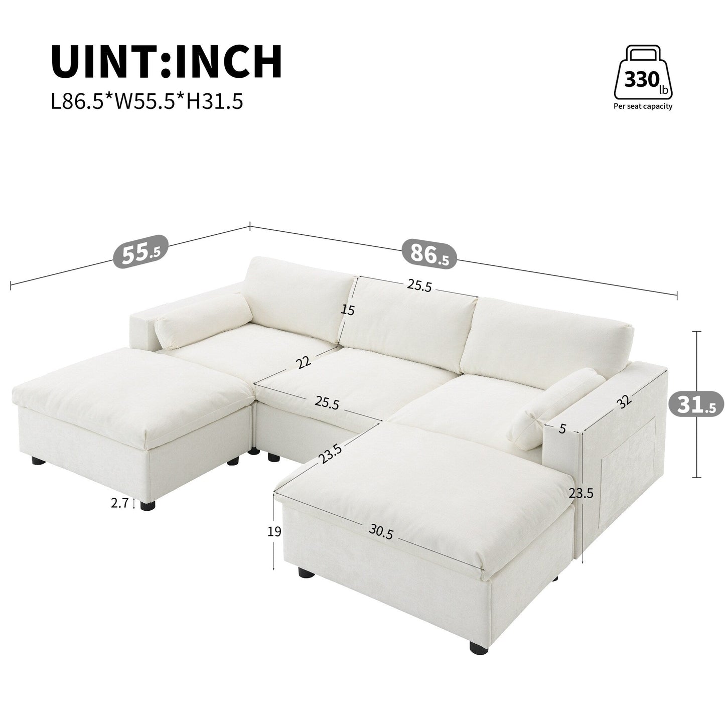 Canapé modulable en U 5 places en chenille Roomfitters 86,5, avec poches de rangement, coussins et 2 poufs