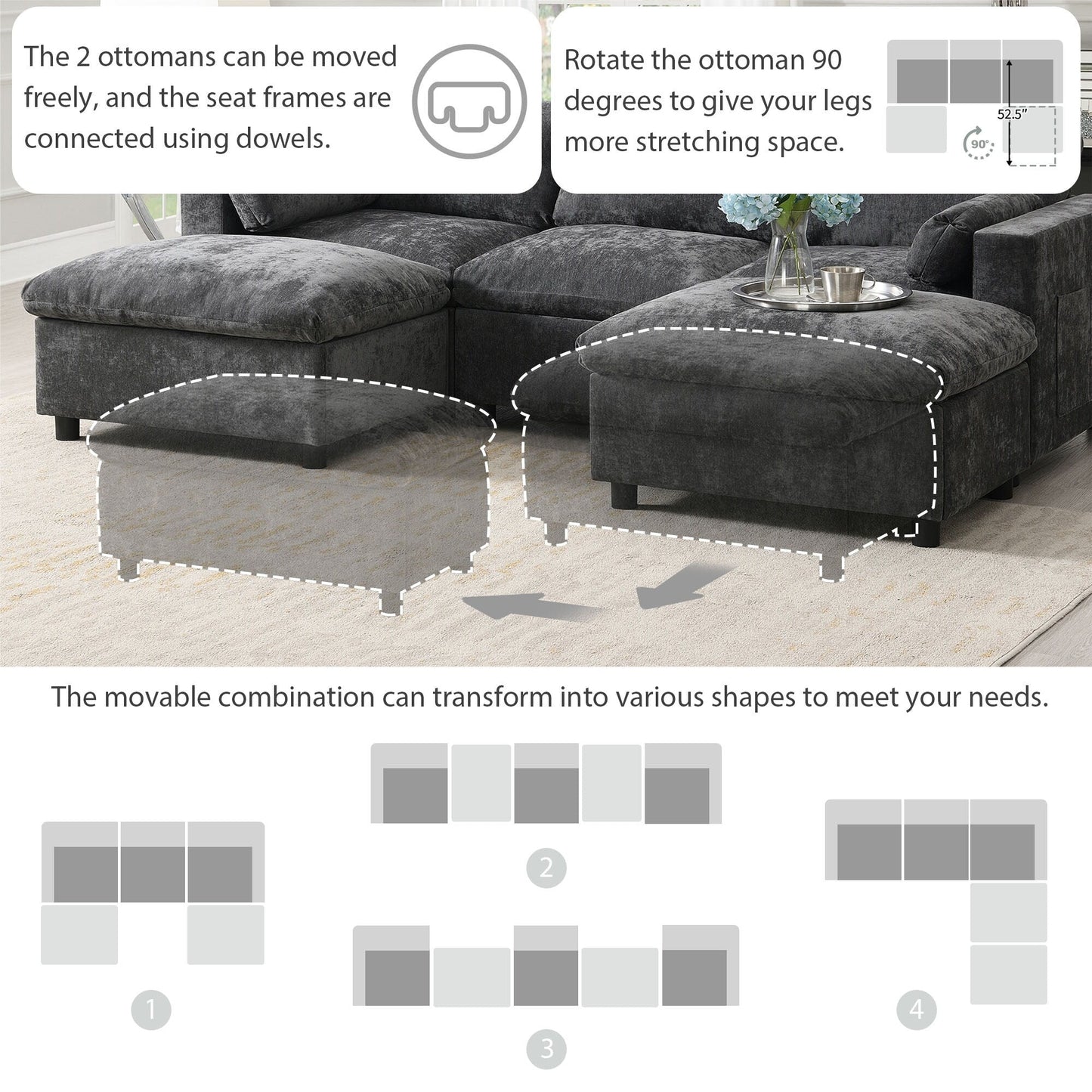 Canapé modulable en U 5 places en chenille Roomfitters 86,5, avec poches de rangement, coussins et 2 poufs