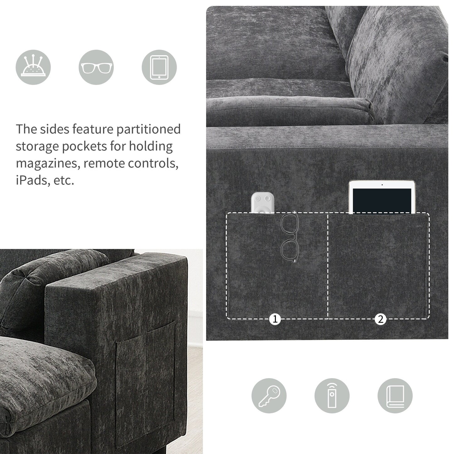 Canapé modulable en U 5 places en chenille Roomfitters 86,5, avec poches de rangement, coussins et 2 poufs