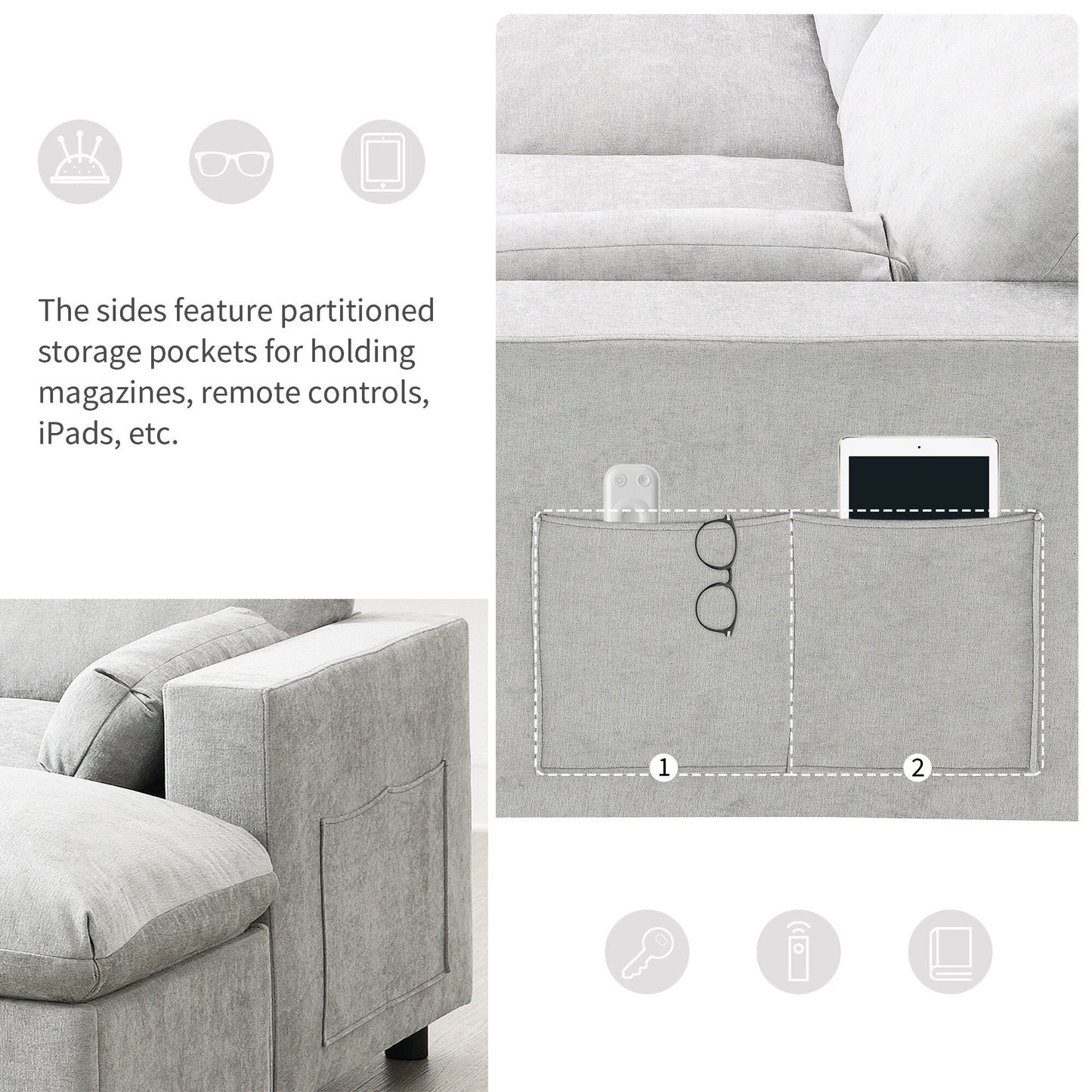 Canapé modulable en U 5 places en chenille Roomfitters 86,5, avec poches de rangement, coussins et 2 poufs