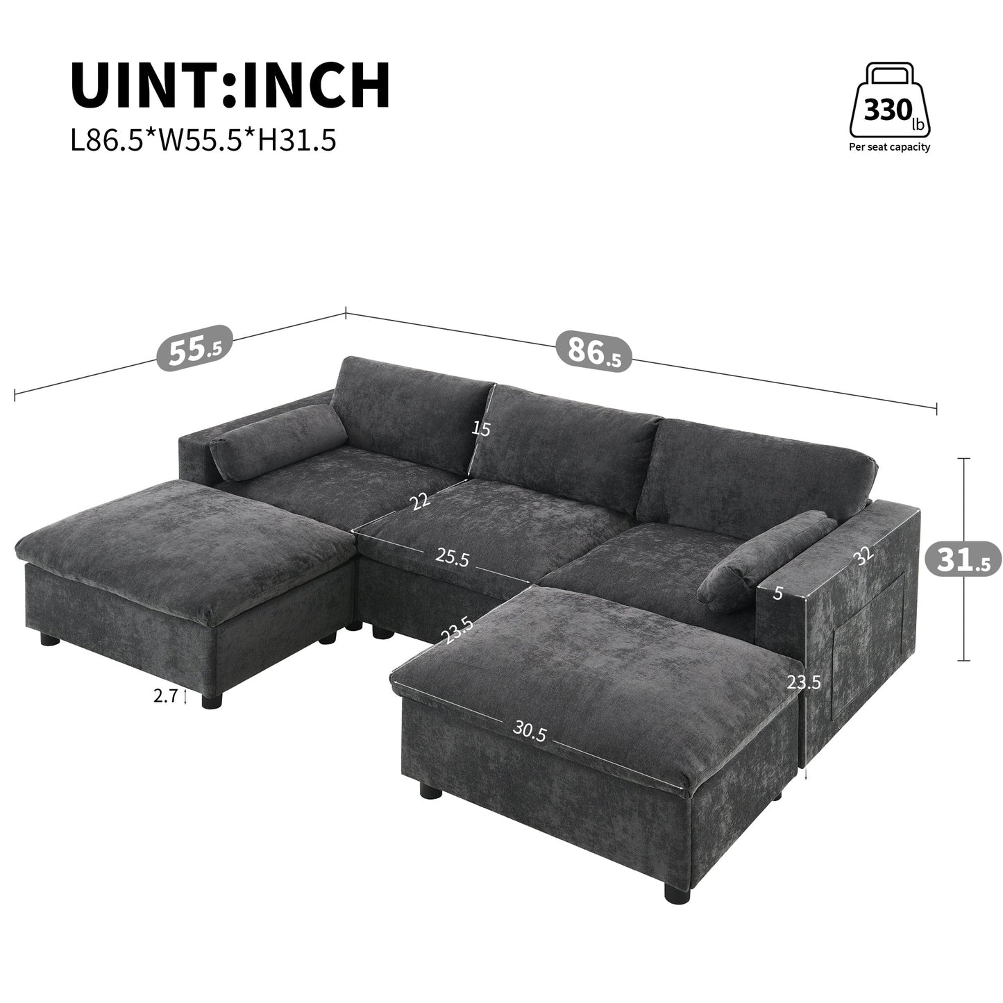 Canapé modulable en U 5 places en chenille Roomfitters 86,5, avec poches de rangement, coussins et 2 poufs