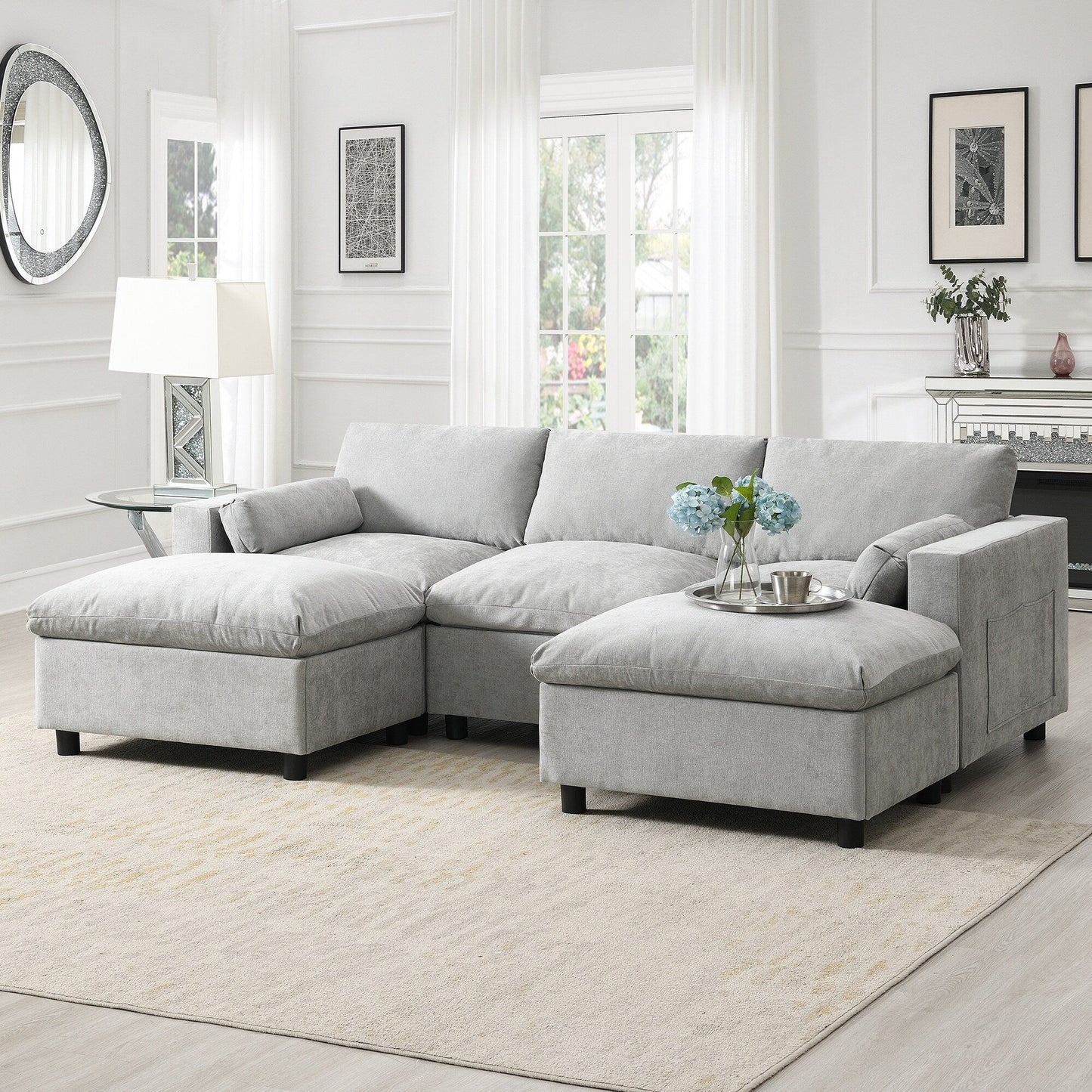 Canapé modulable en U 5 places en chenille Roomfitters 86,5, avec poches de rangement, coussins et 2 poufs