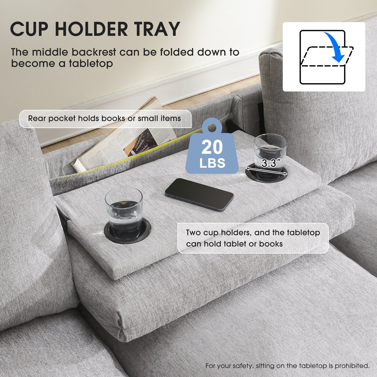Canapé sectionnel en chenille Roomfitters 96'' x 35'' avec haut-parleur Bluetooth, ensemble de canapés Cloud confortable avec table rabattable et chargeur USB