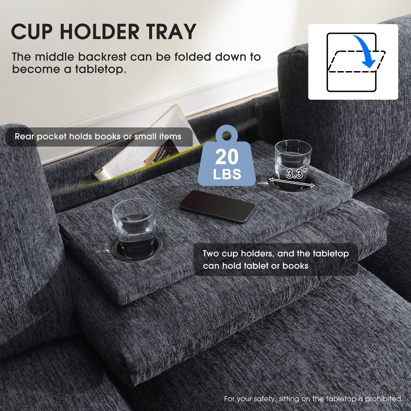 Canapé sectionnel en chenille Roomfitters 96'' x 35'' avec haut-parleur Bluetooth, ensemble de canapés Cloud confortable avec table rabattable et chargeur USB