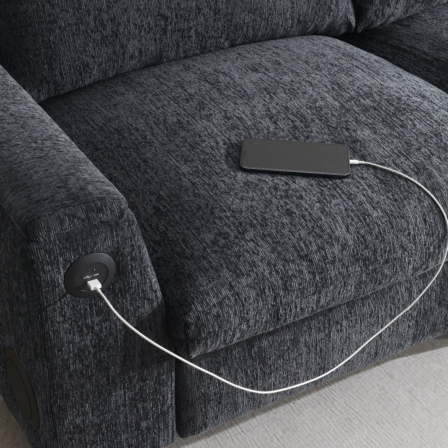 Canapé sectionnel en chenille Roomfitters 96'' x 35'' avec haut-parleur Bluetooth, ensemble de canapés Cloud confortable avec table rabattable et chargeur USB