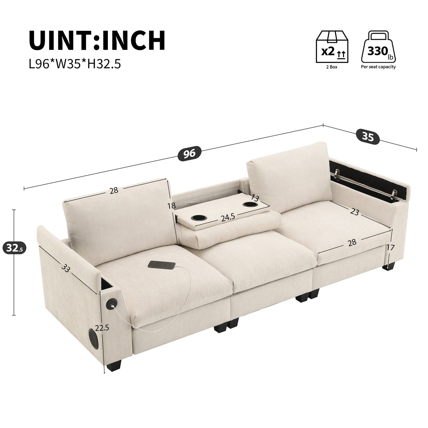 Canapé sectionnel en chenille Roomfitters 96'' x 35'' avec haut-parleur Bluetooth, ensemble de canapés Cloud confortable avec table rabattable et chargeur USB
