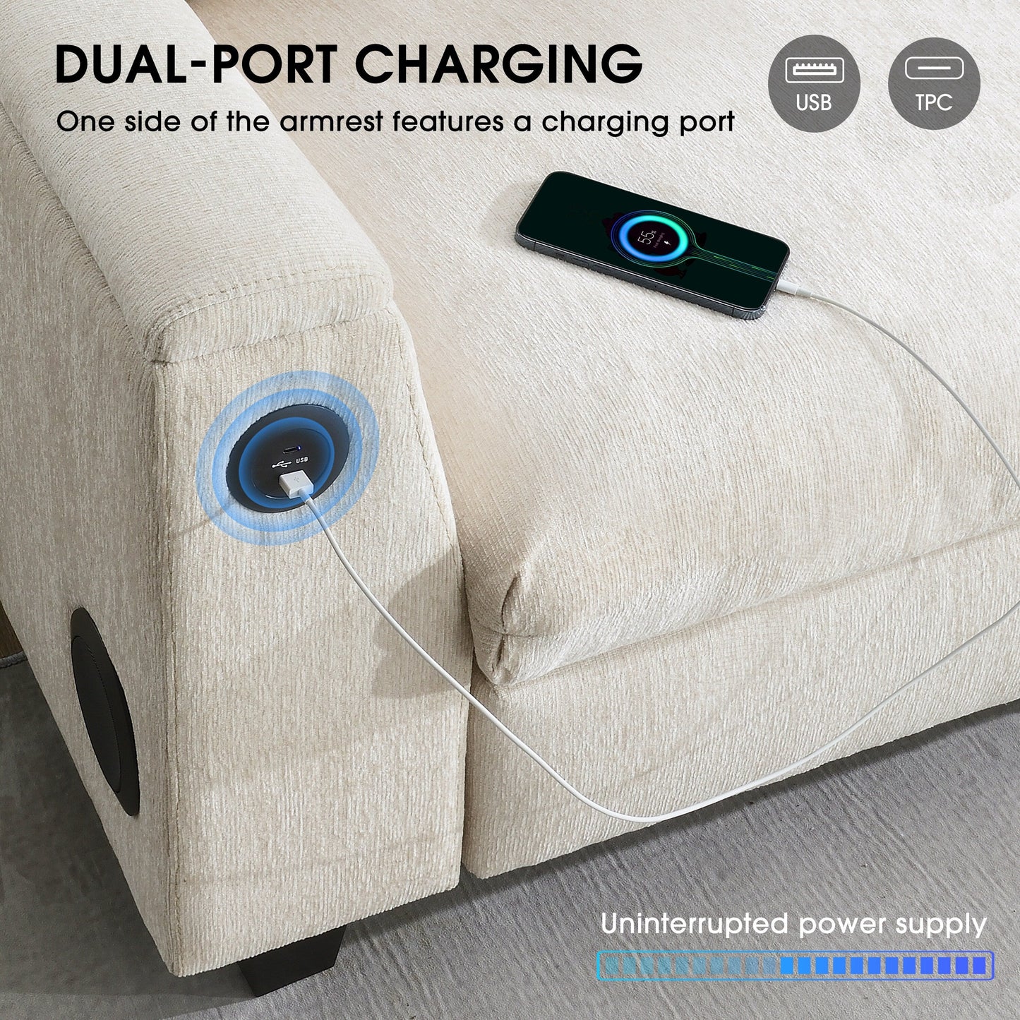 Canapé sectionnel en chenille Roomfitters 96'' x 35'' avec haut-parleur Bluetooth, ensemble de canapés Cloud confortable avec table rabattable et chargeur USB