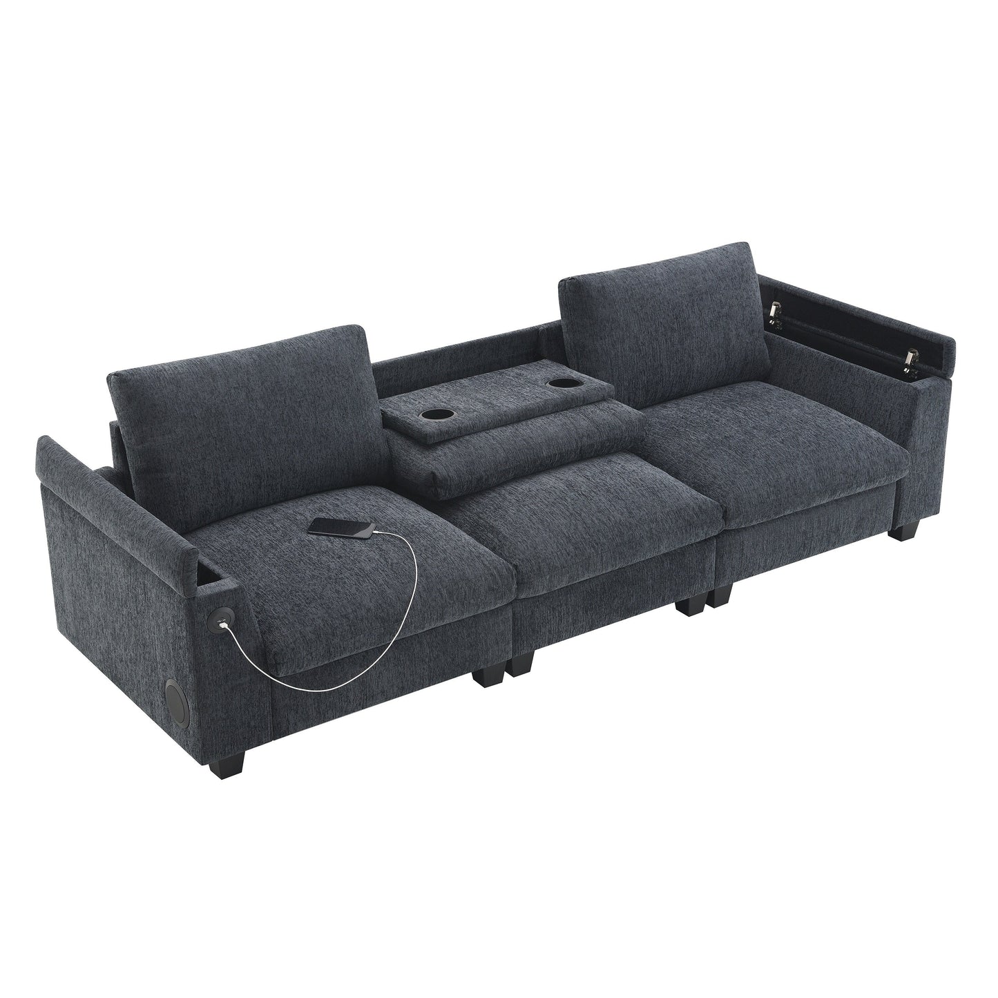 Canapé sectionnel en chenille Roomfitters 96'' x 35'' avec haut-parleur Bluetooth, ensemble de canapés Cloud confortable avec table rabattable et chargeur USB