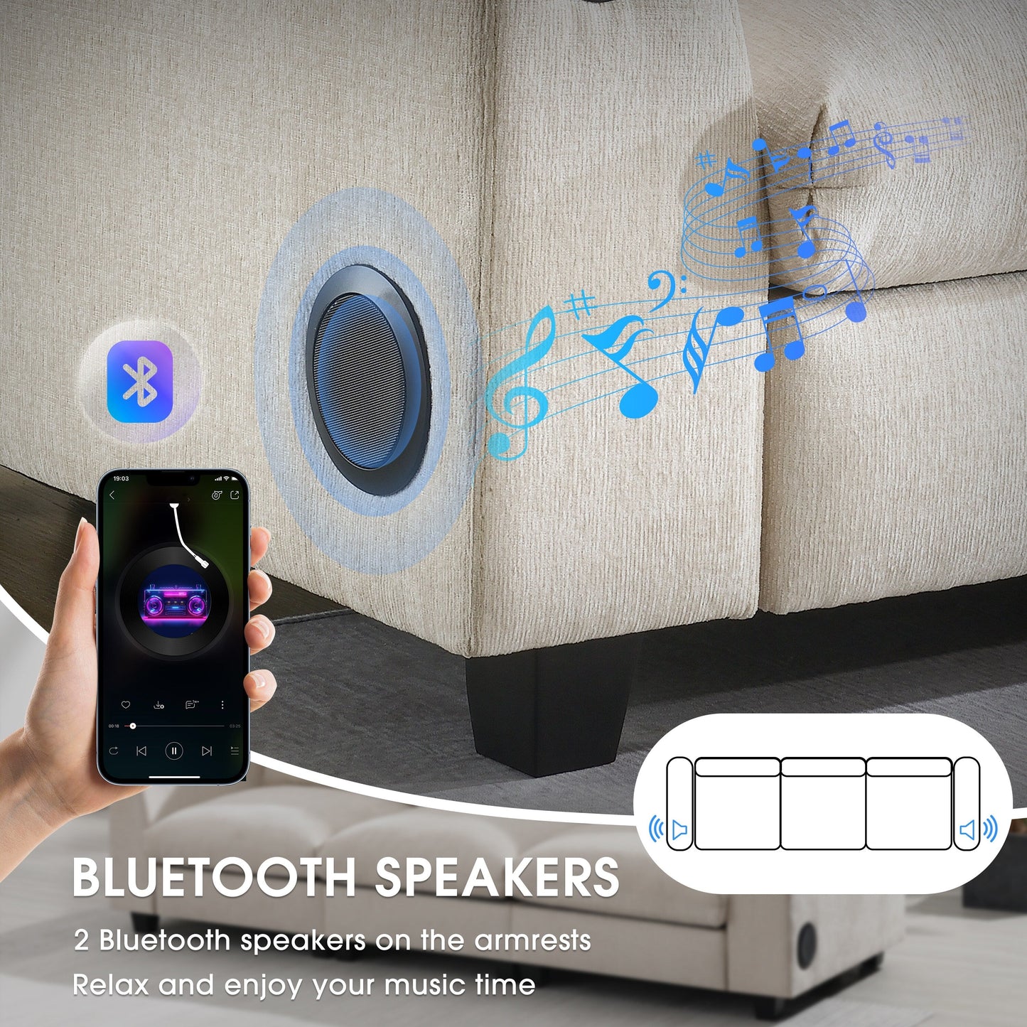 Canapé sectionnel en chenille Roomfitters 96'' x 35'' avec haut-parleur Bluetooth, ensemble de canapés Cloud confortable avec table rabattable et chargeur USB