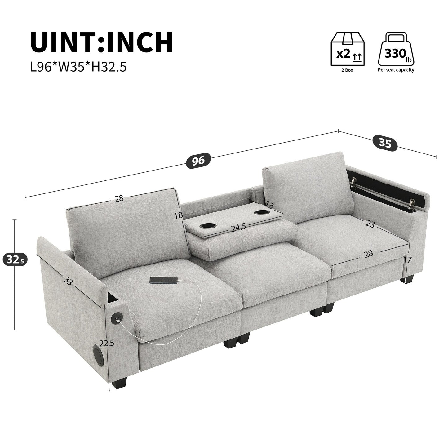 Canapé sectionnel en chenille Roomfitters 96'' x 35'' avec haut-parleur Bluetooth, ensemble de canapés Cloud confortable avec table rabattable et chargeur USB