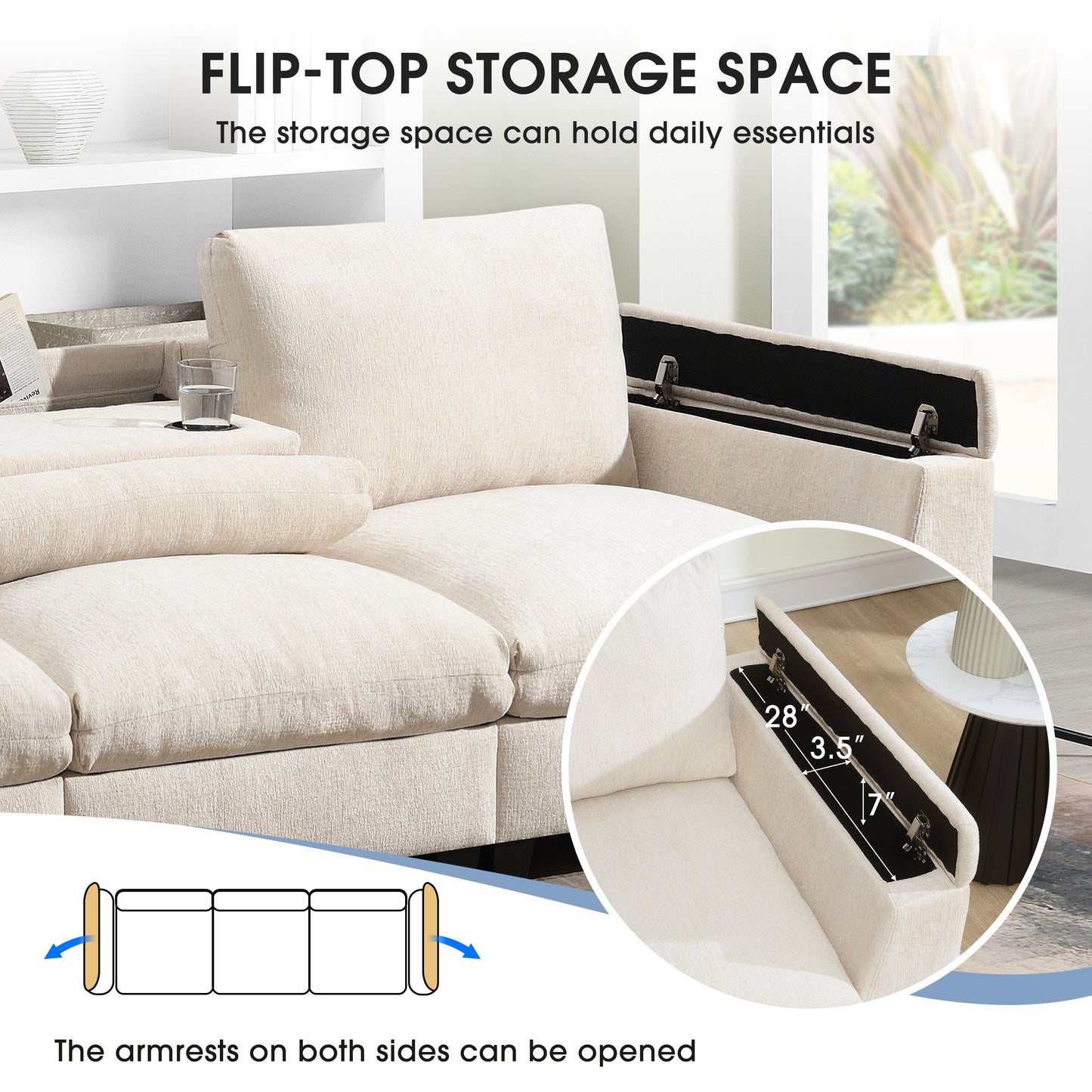 Canapé sectionnel en chenille Roomfitters 96'' x 35'' avec haut-parleur Bluetooth, ensemble de canapés Cloud confortable avec table rabattable et chargeur USB