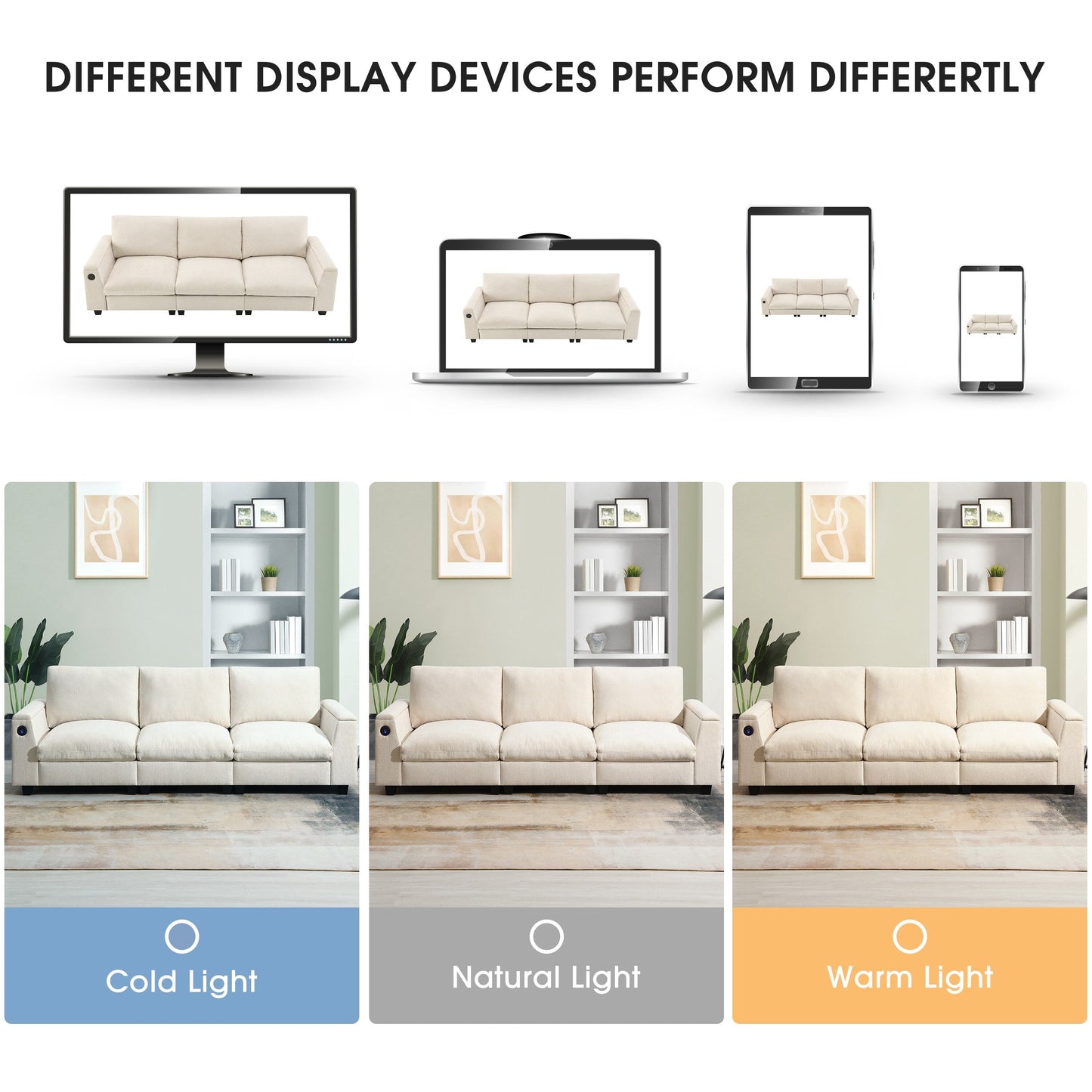 Canapé sectionnel en chenille Roomfitters 96'' x 35'' avec haut-parleur Bluetooth, ensemble de canapés Cloud confortable avec table rabattable et chargeur USB