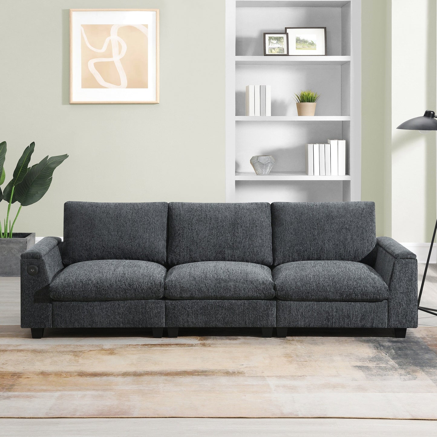 Canapé sectionnel en chenille Roomfitters 96'' x 35'' avec haut-parleur Bluetooth, ensemble de canapés Cloud confortable avec table rabattable et chargeur USB