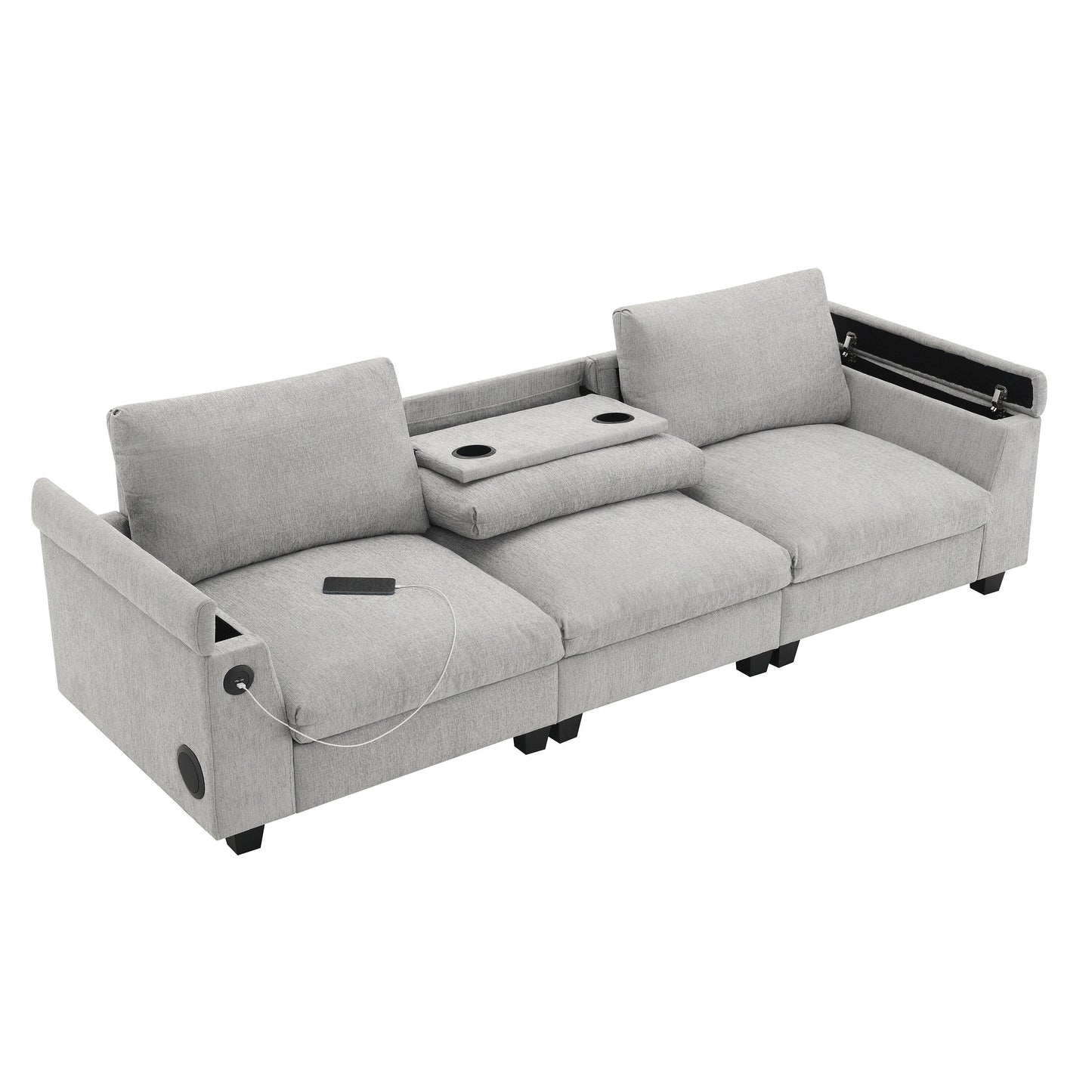 Canapé sectionnel en chenille Roomfitters 96'' x 35'' avec haut-parleur Bluetooth, ensemble de canapés Cloud confortable avec table rabattable et chargeur USB