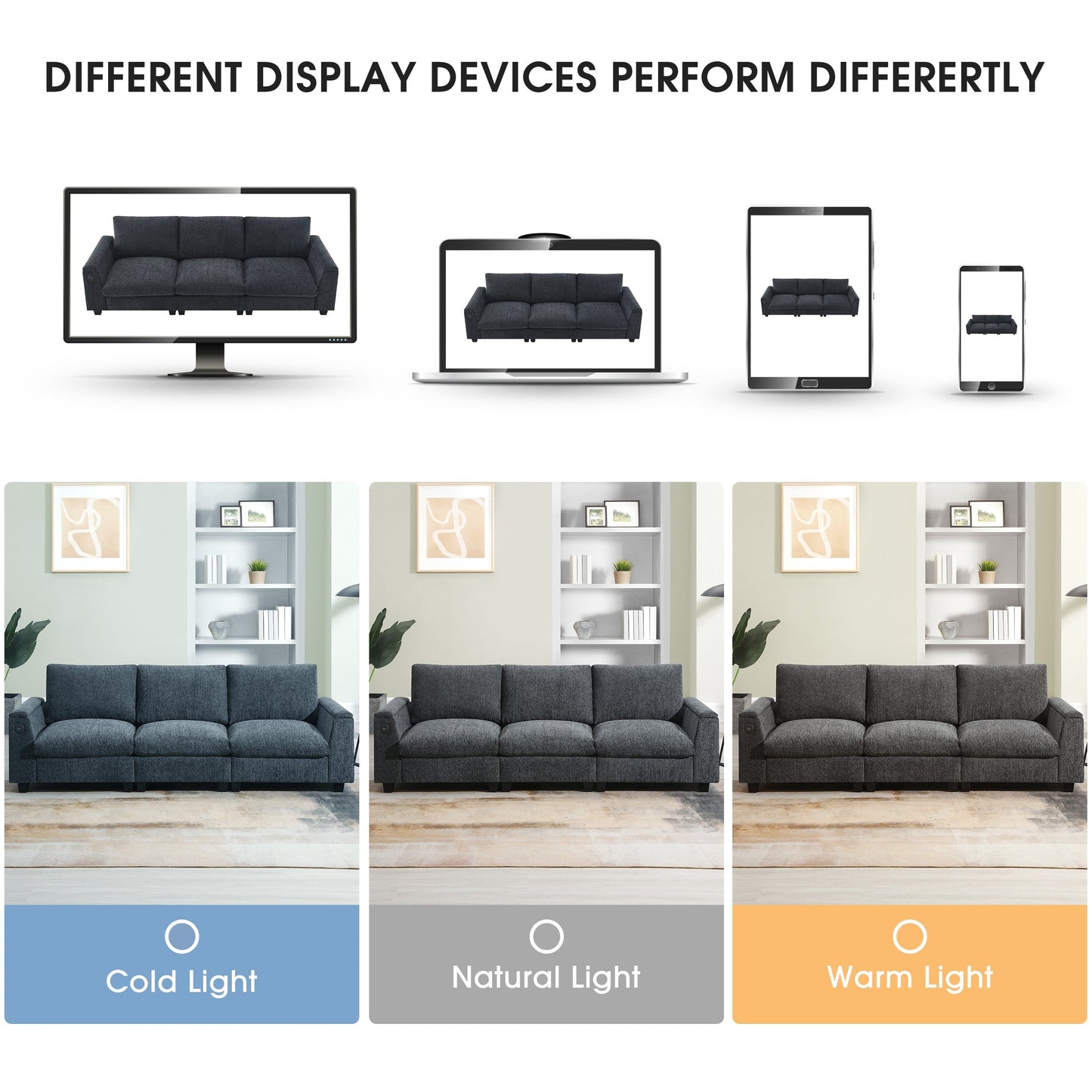 Canapé sectionnel en chenille Roomfitters 96'' x 35'' avec haut-parleur Bluetooth, ensemble de canapés Cloud confortable avec table rabattable et chargeur USB
