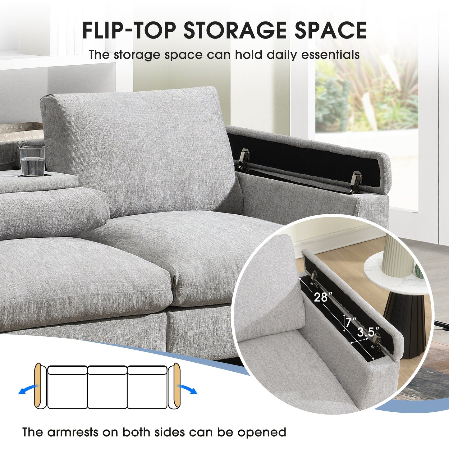 Canapé sectionnel en chenille Roomfitters 96'' x 35'' avec haut-parleur Bluetooth, ensemble de canapés Cloud confortable avec table rabattable et chargeur USB