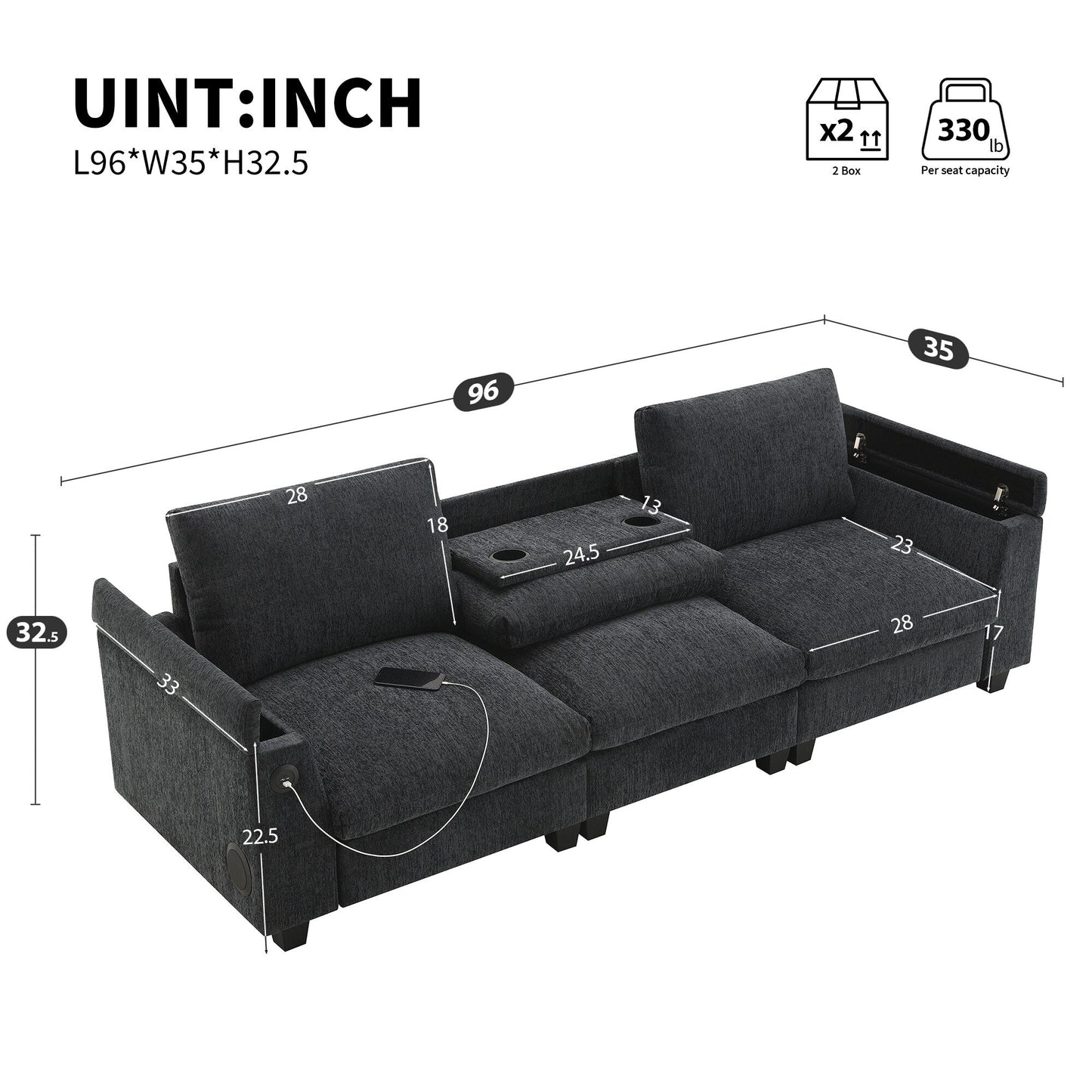 Canapé sectionnel en chenille Roomfitters 96'' x 35'' avec haut-parleur Bluetooth, ensemble de canapés Cloud confortable avec table rabattable et chargeur USB