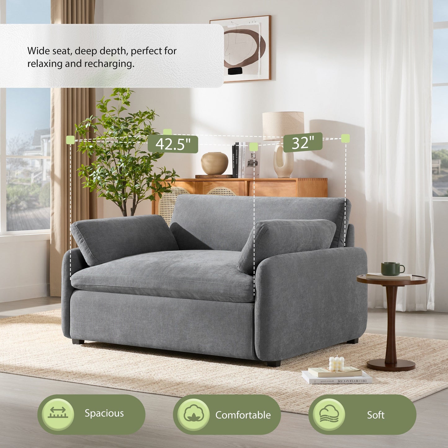 Fauteuil d'appoint surdimensionné en chenille avec coussins, fauteuil de salon rembourré et confortable pour le salon