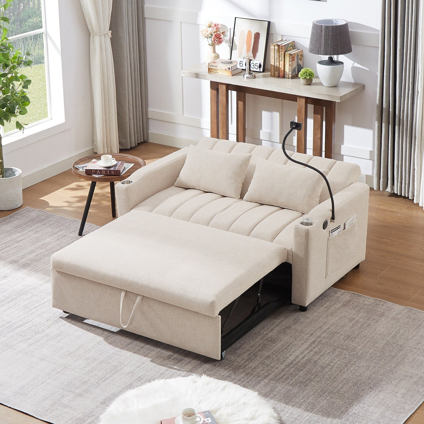 Canapé-lit convertible Roomfitters avec ports USB, poches latérales, porte-gobelets et support de téléphone pivotant pour le salon