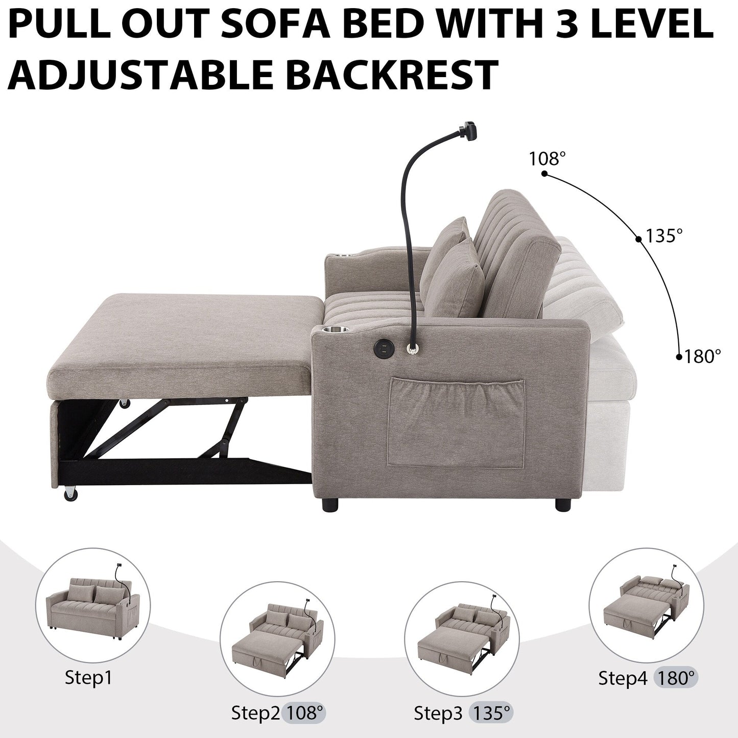 Canapé-lit convertible Roomfitters avec ports USB, poches latérales, porte-gobelets et support de téléphone pivotant pour le salon