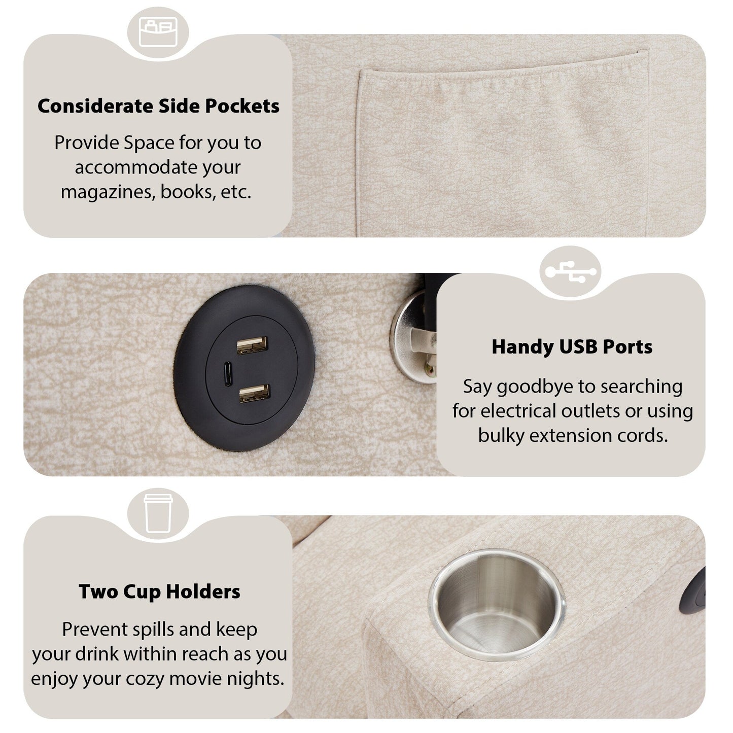 Canapé-lit convertible Roomfitters avec ports USB, poches latérales, porte-gobelets et support de téléphone pivotant pour le salon