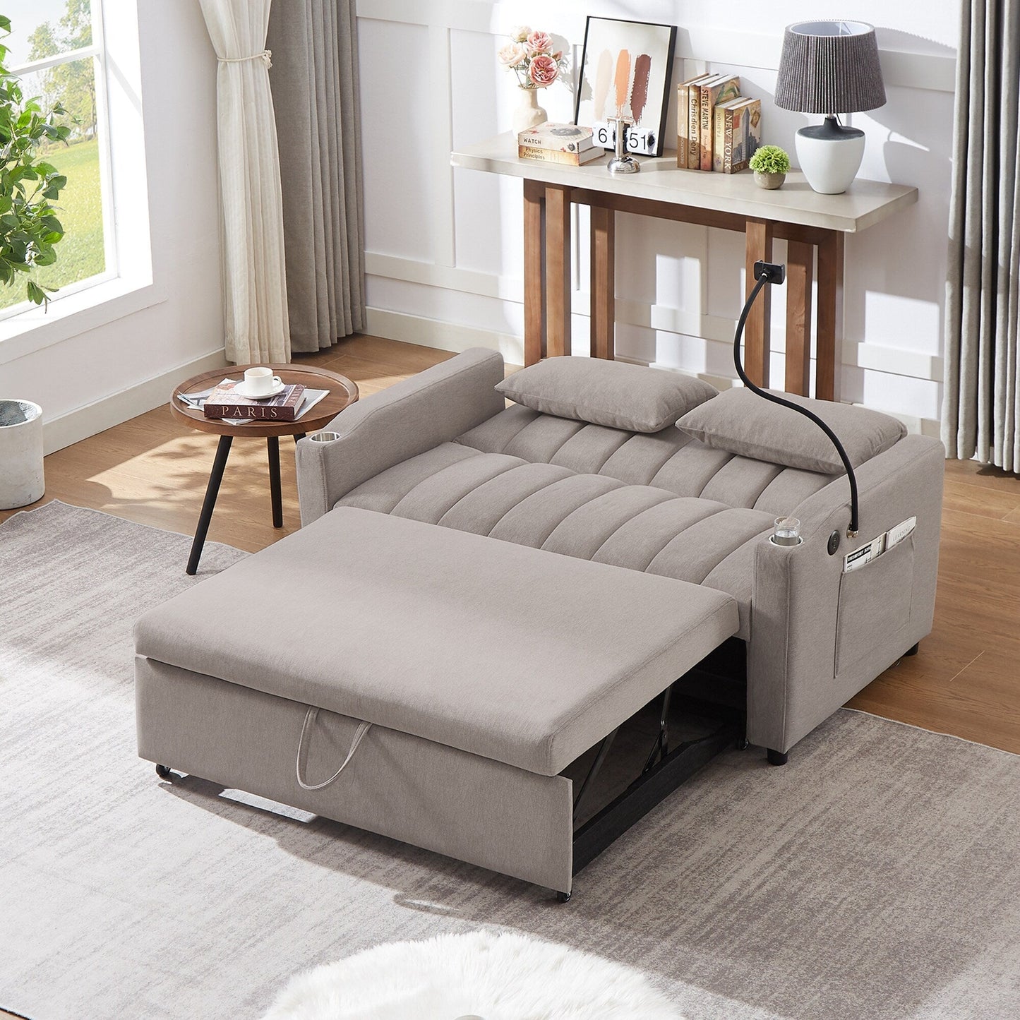 Canapé-lit convertible Roomfitters avec ports USB, poches latérales, porte-gobelets et support de téléphone pivotant pour le salon