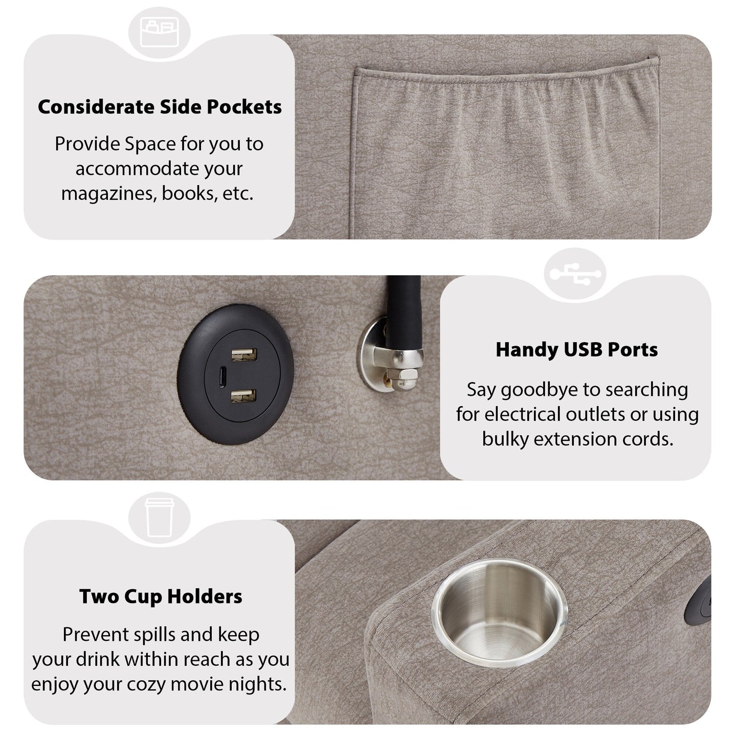 Canapé-lit convertible Roomfitters avec ports USB, poches latérales, porte-gobelets et support de téléphone pivotant pour le salon