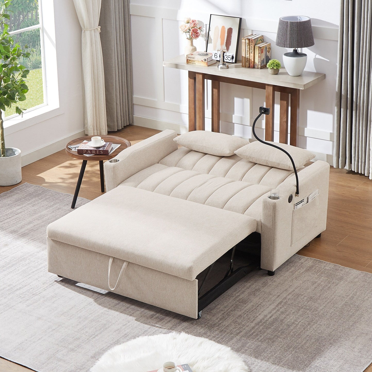 Canapé-lit convertible Roomfitters avec ports USB, poches latérales, porte-gobelets et support de téléphone pivotant pour le salon