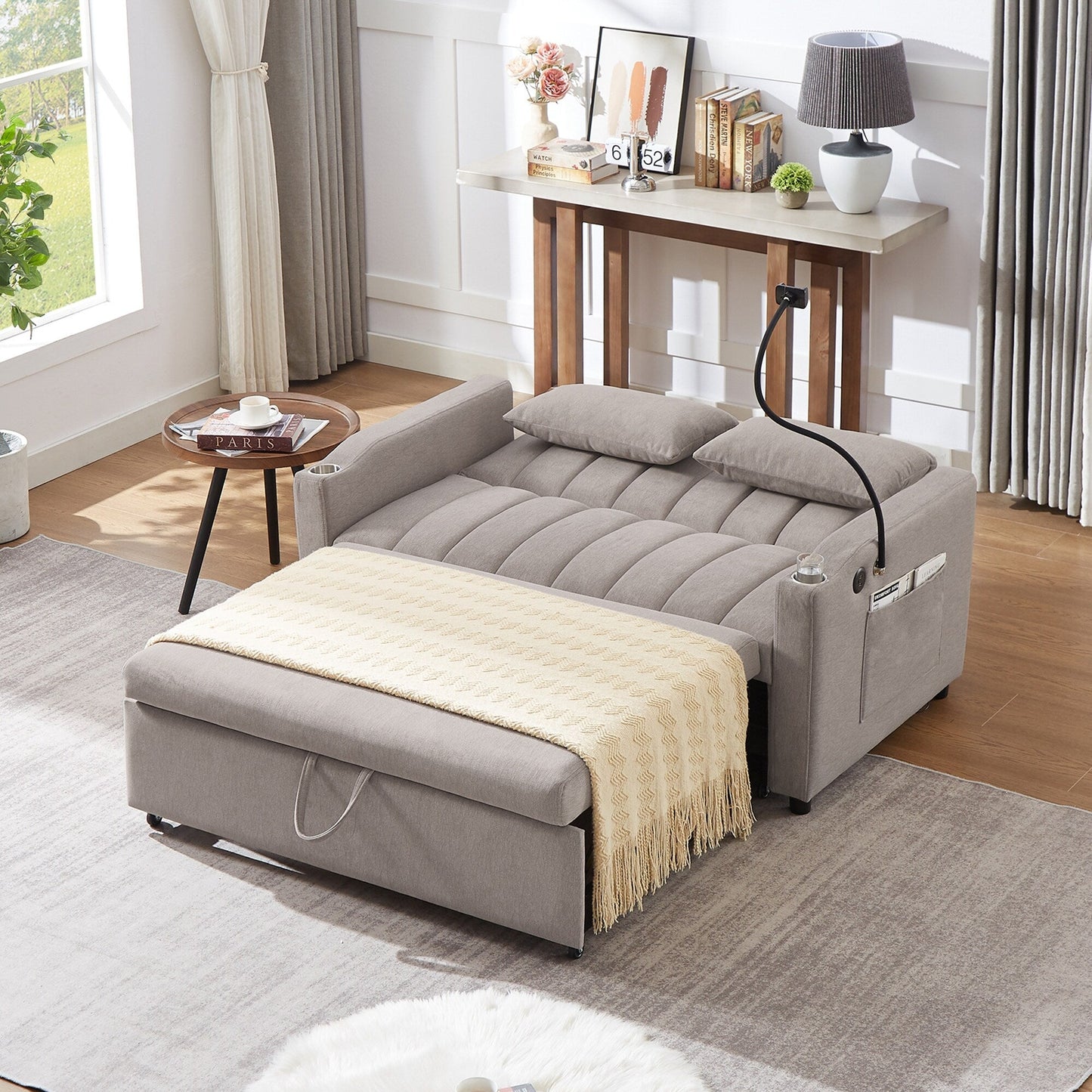 Canapé-lit convertible Roomfitters avec ports USB, poches latérales, porte-gobelets et support de téléphone pivotant pour le salon