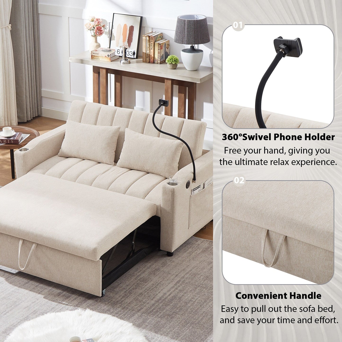 Canapé-lit convertible Roomfitters avec ports USB, poches latérales, porte-gobelets et support de téléphone pivotant pour le salon
