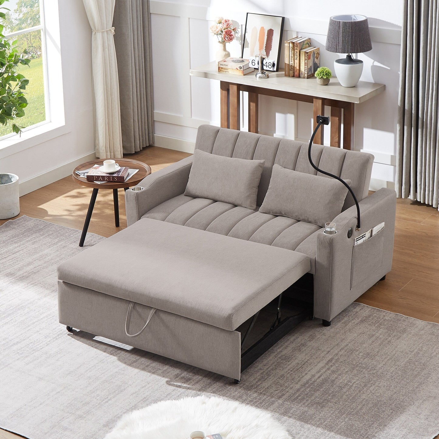 Canapé-lit convertible Roomfitters avec ports USB, poches latérales, porte-gobelets et support de téléphone pivotant pour le salon