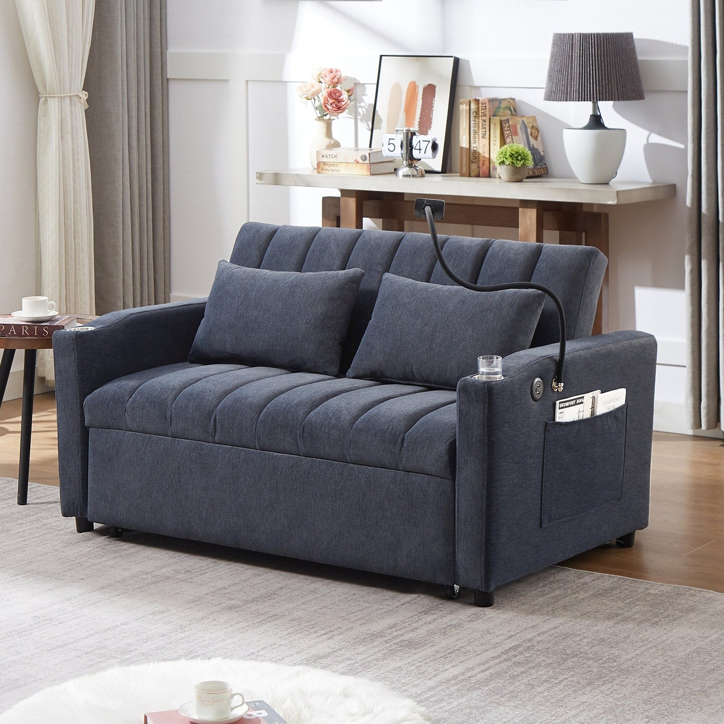 Canapé-lit convertible Roomfitters avec ports USB, poches latérales, porte-gobelets et support de téléphone pivotant pour le salon