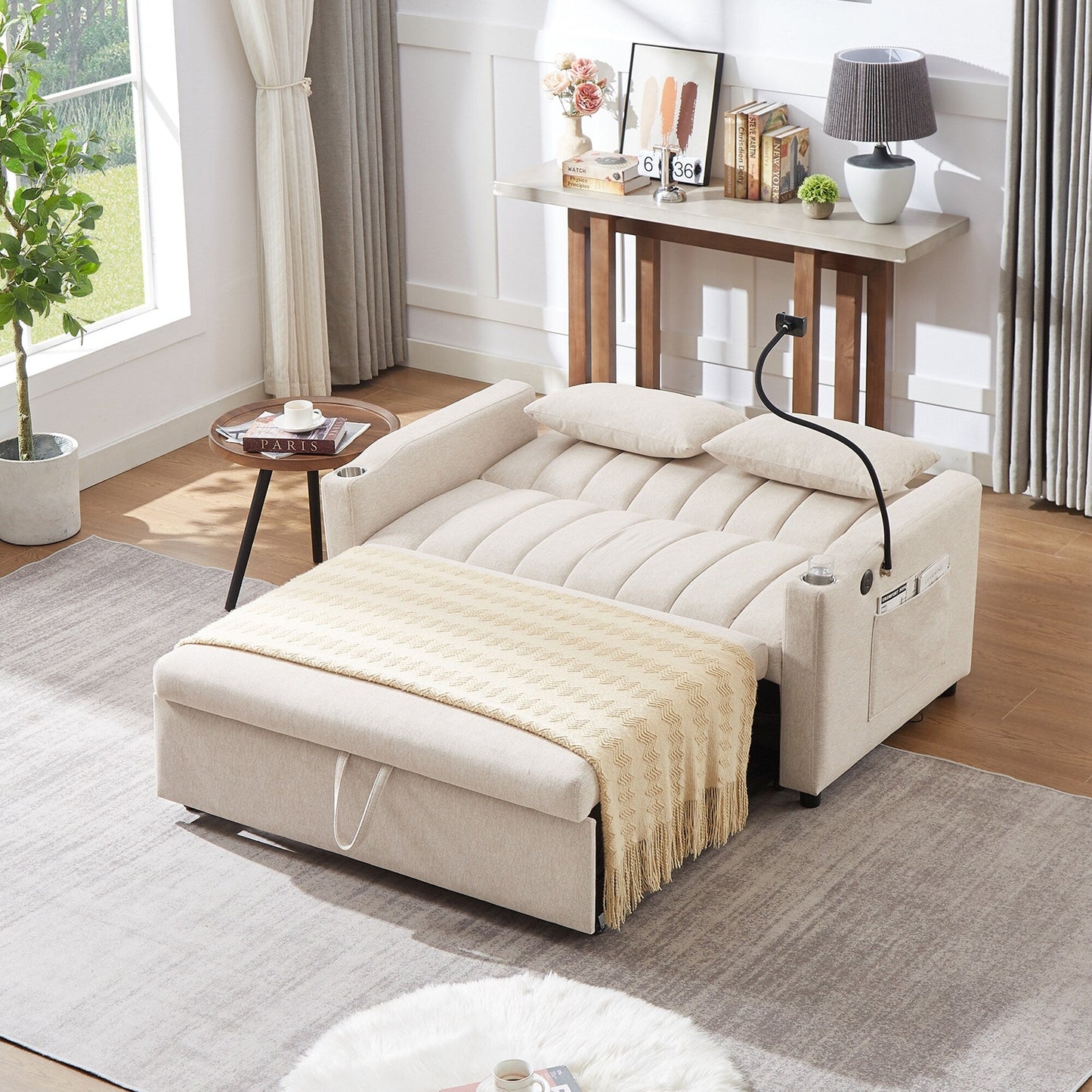Canapé-lit convertible Roomfitters avec ports USB, poches latérales, porte-gobelets et support de téléphone pivotant pour le salon