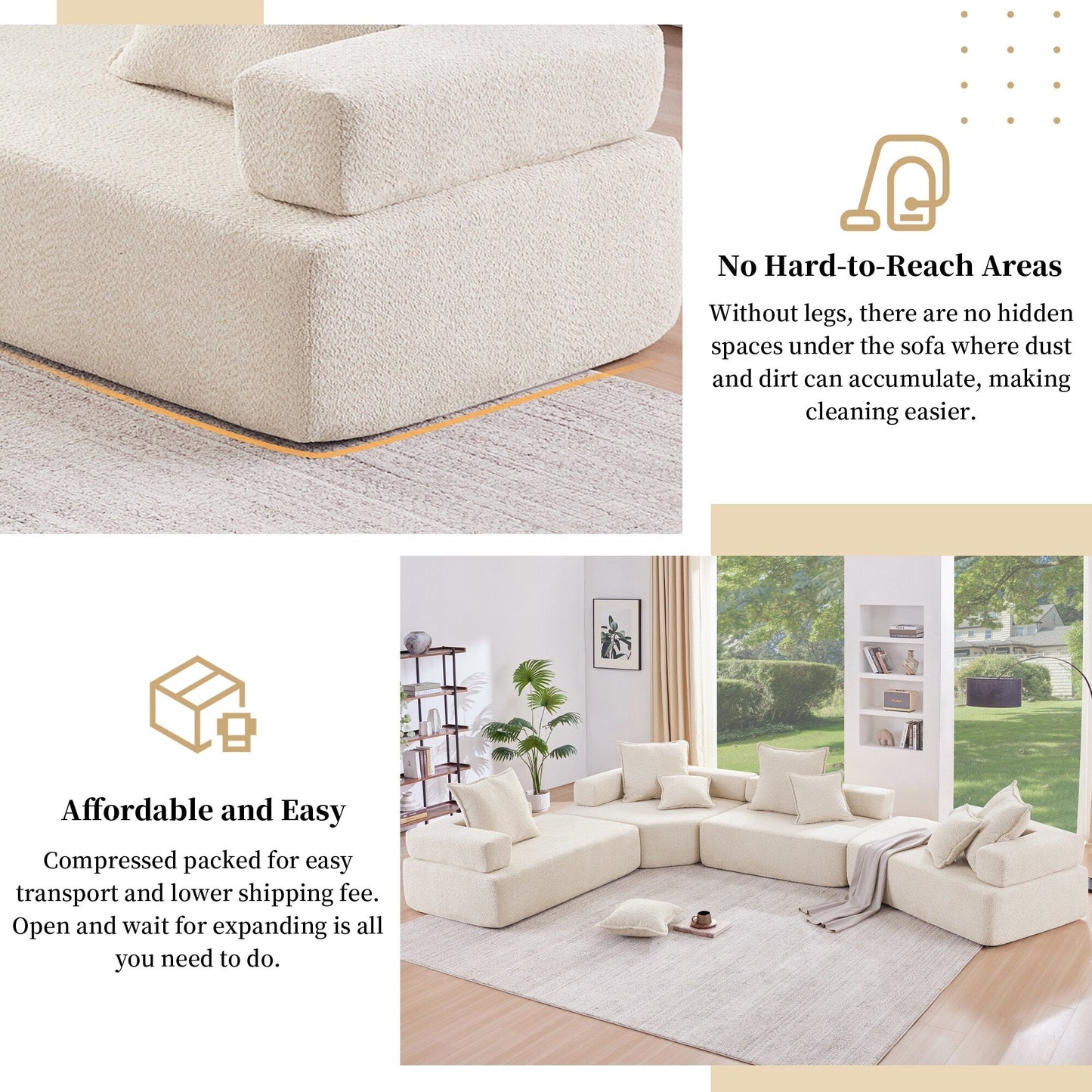 Cadre d'angle Roomfitters pour canapé modulaire en U, canapé de sol rembourré en mousse Boucle, beige