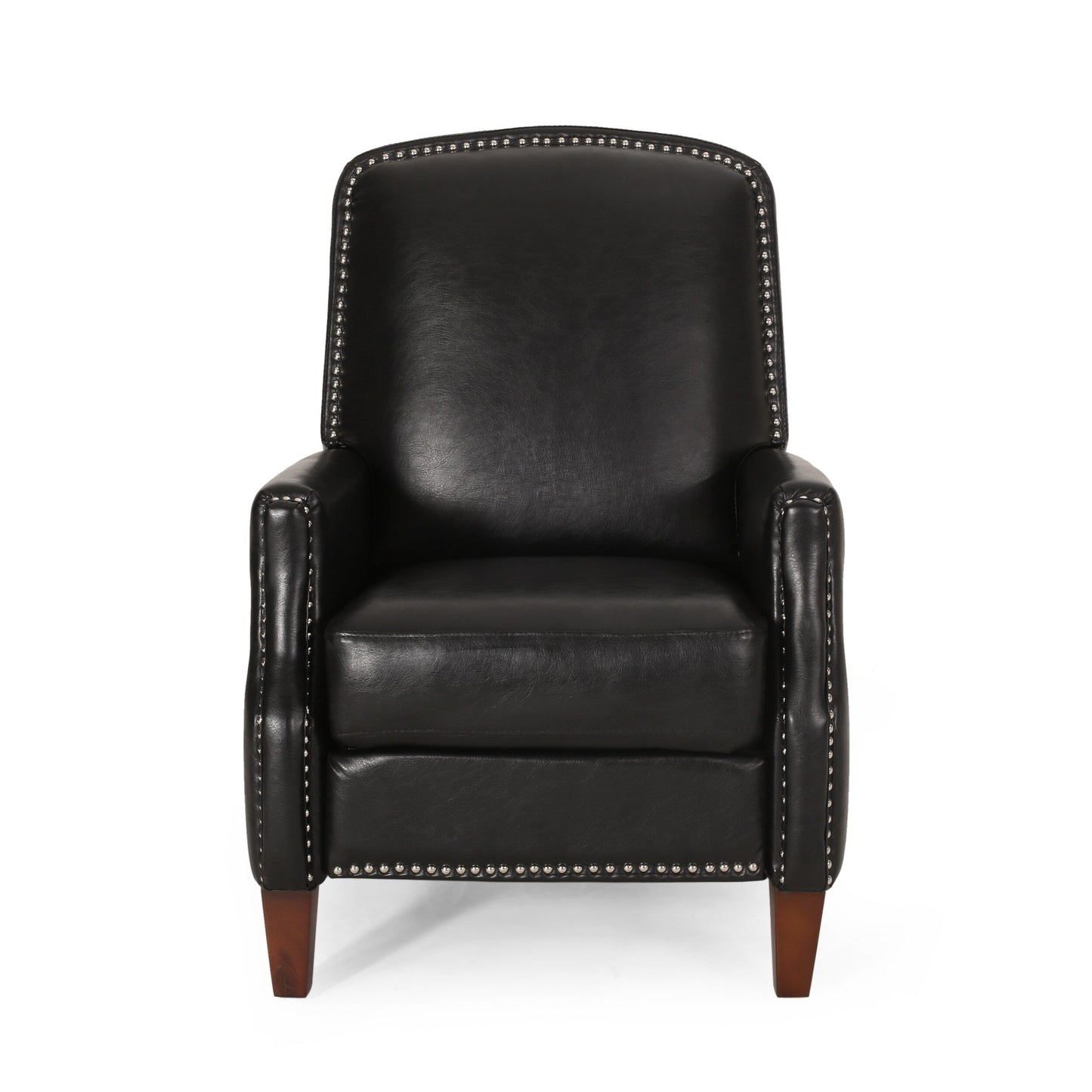 Fauteuil inclinable en cuir synthétique marron foncé avec rivets, confortable et inclinable pour le salon.